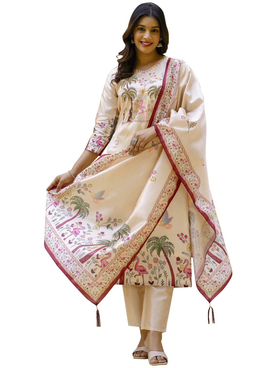 VredeVogel Women's Viscose Silk Blend Straight Kurta Pant Set with Printed Dupatta for Festive & Casual Ethnic Kurta Sets
