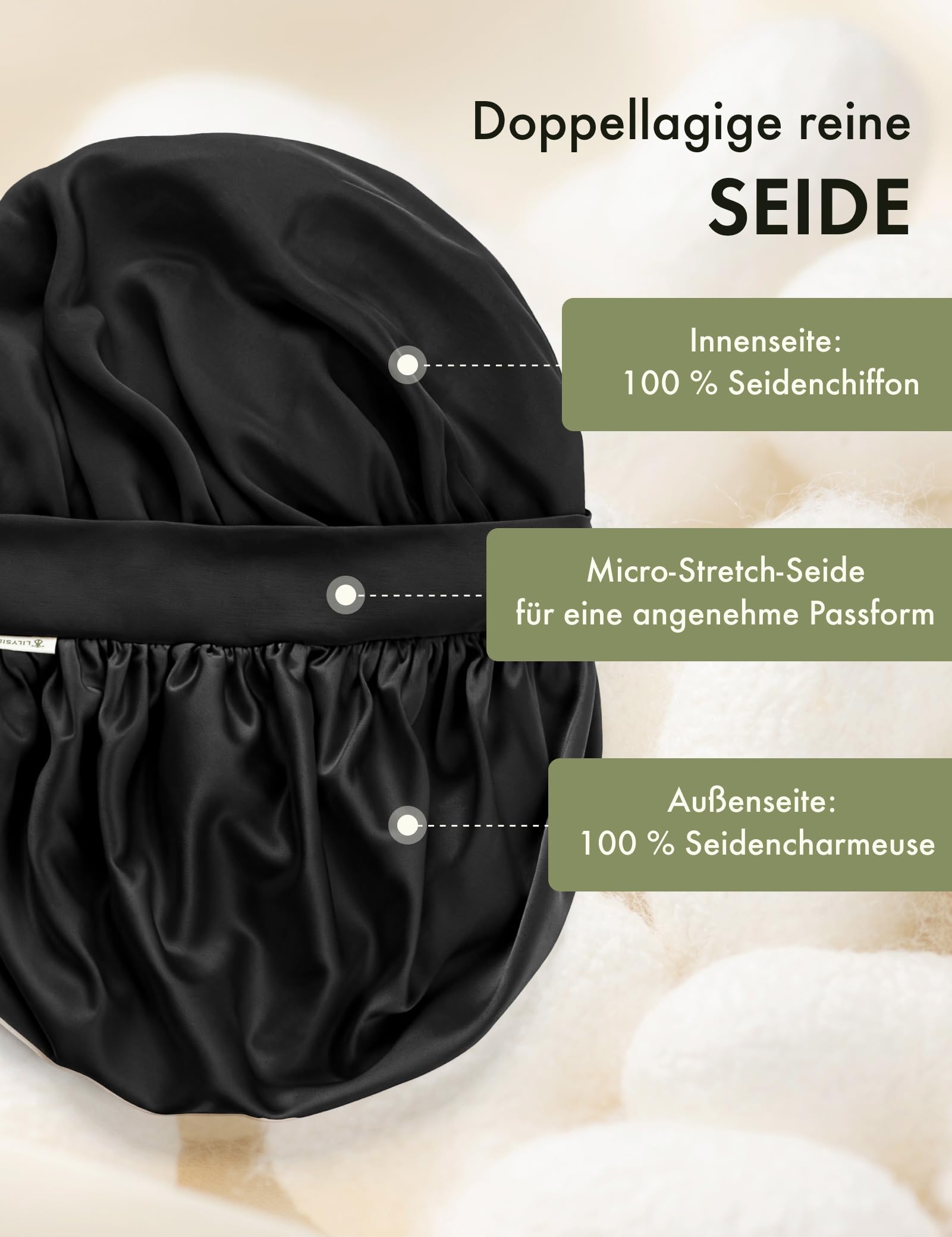 LILYSILK Damen 100% Maulbeerseide Haube Doppellagig Waschbar Reversibel Schlafhaube mit größerem Umfang und verlängerbaren Bändern