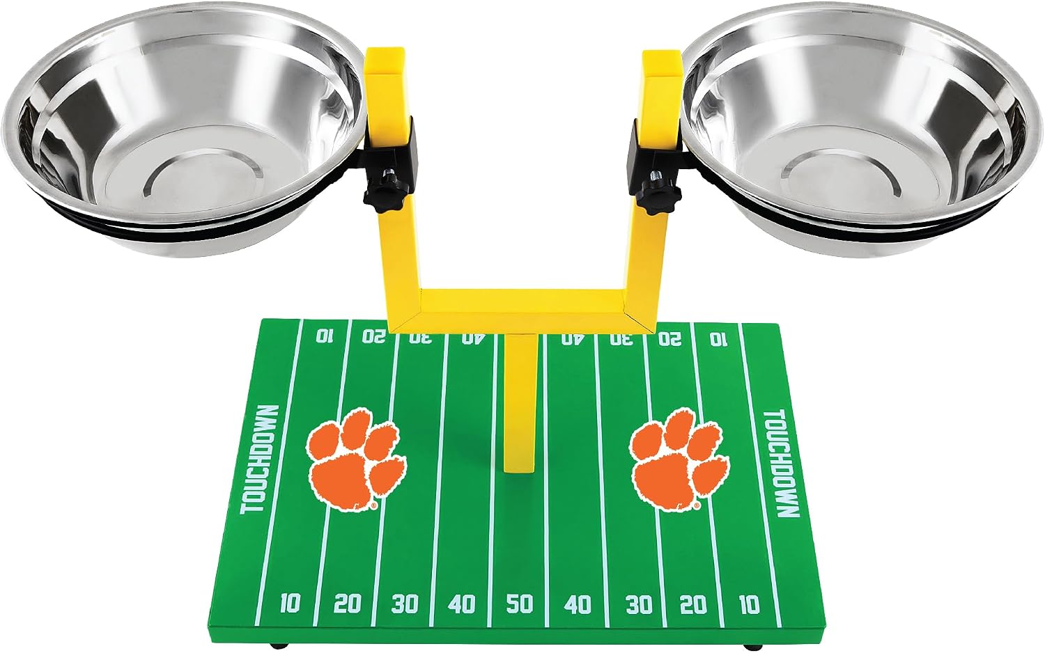 NCAA Clemson Tigers Goalpost Football Field Dog Feeder – Adjustable Elevated Dog Bowls with Stand, 2 Stainless Steel Bowls, Non-Slip Rubber Feet, Raised Pet Feeder for Large & Small Dogs