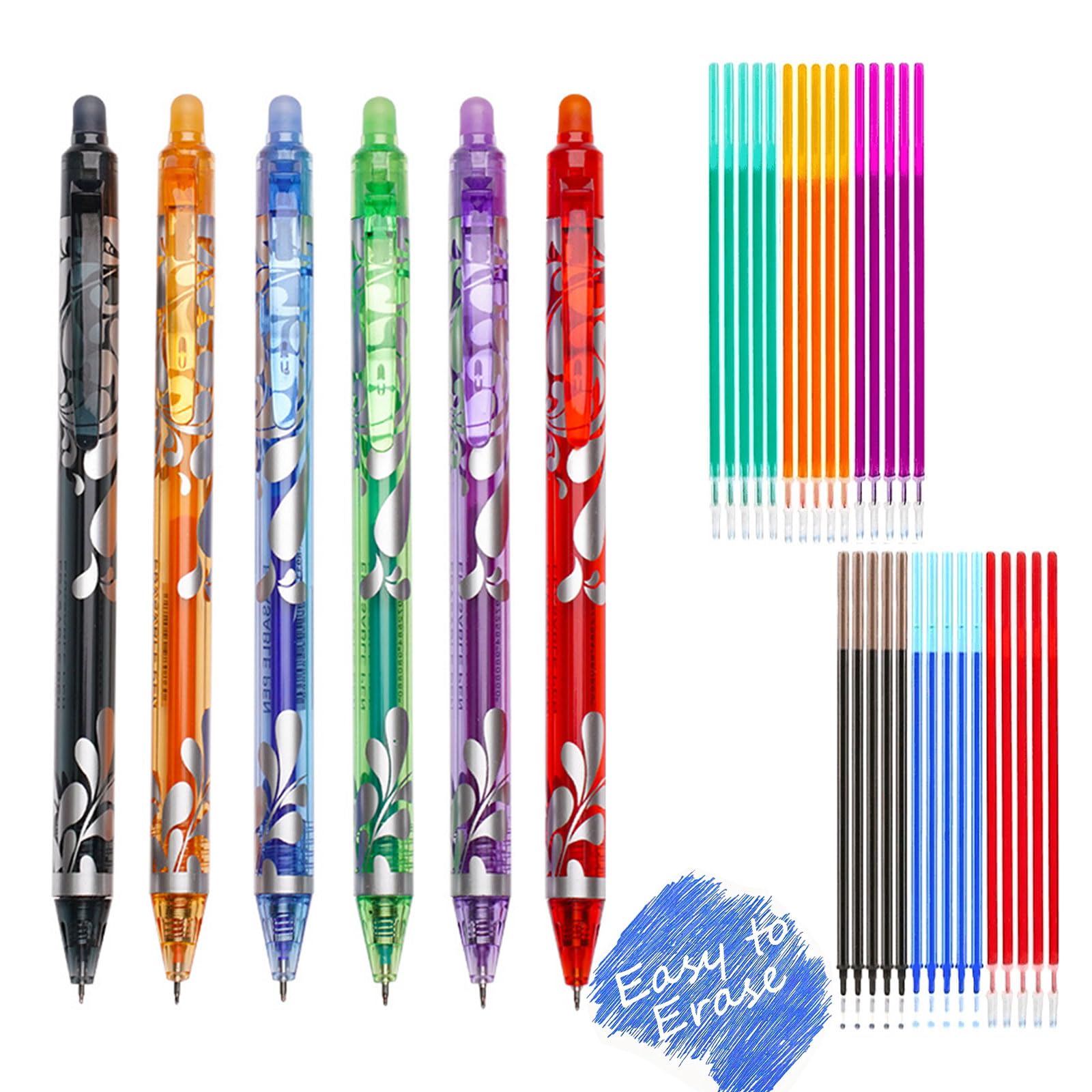 6-Pack Erasable Pens & Erasable Gel Pens β 0.5mm Fine Tip Click Erasable Pen Set, Pens Erasable in Colours with 30 Refills, Including Erasable Pens Black, for Journaling, Note-Taking, School & Office