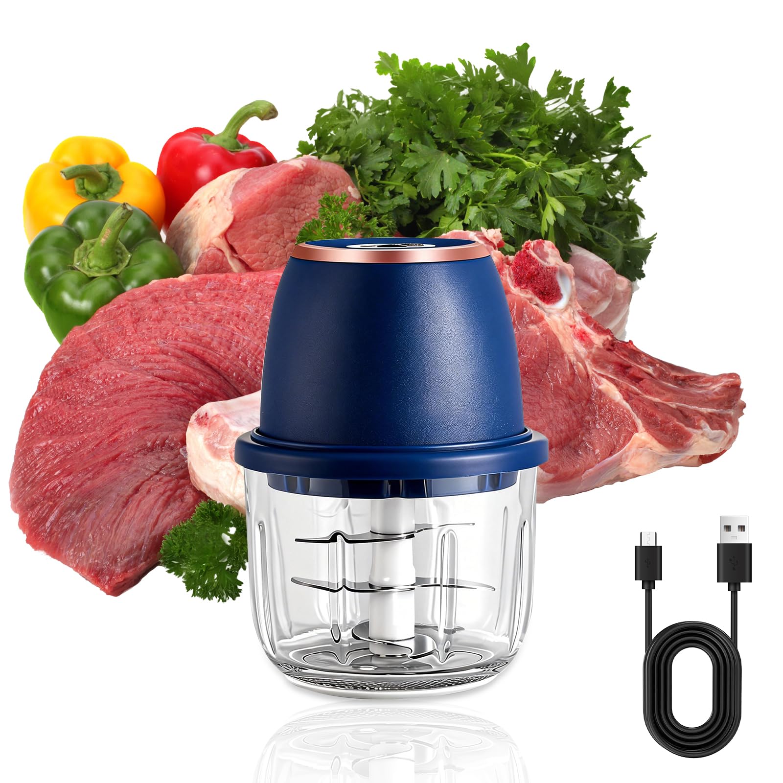 Tritatutto cipolla, tritatutto cucina, 350 ml, 6 lame in acciaio inox, con cavo di ricarica di tipo C per la cucina domestica e per le gite in campeggio, adatto per tritare carne, cipolle, peperoni