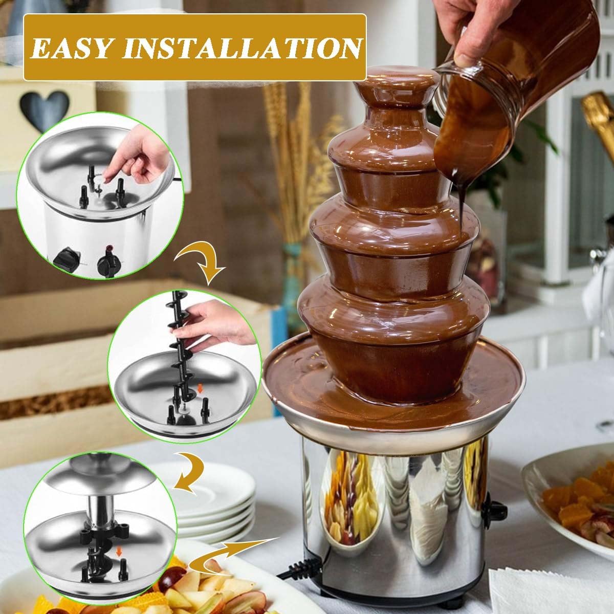 4 Tier Chocolate Fountain, Stainless Steel Electric Chocolate Fondue Fountain, Chocolate Melting Foundue Set, Electric Melting Warming Machine, for Birthday Party Wedding Celebration