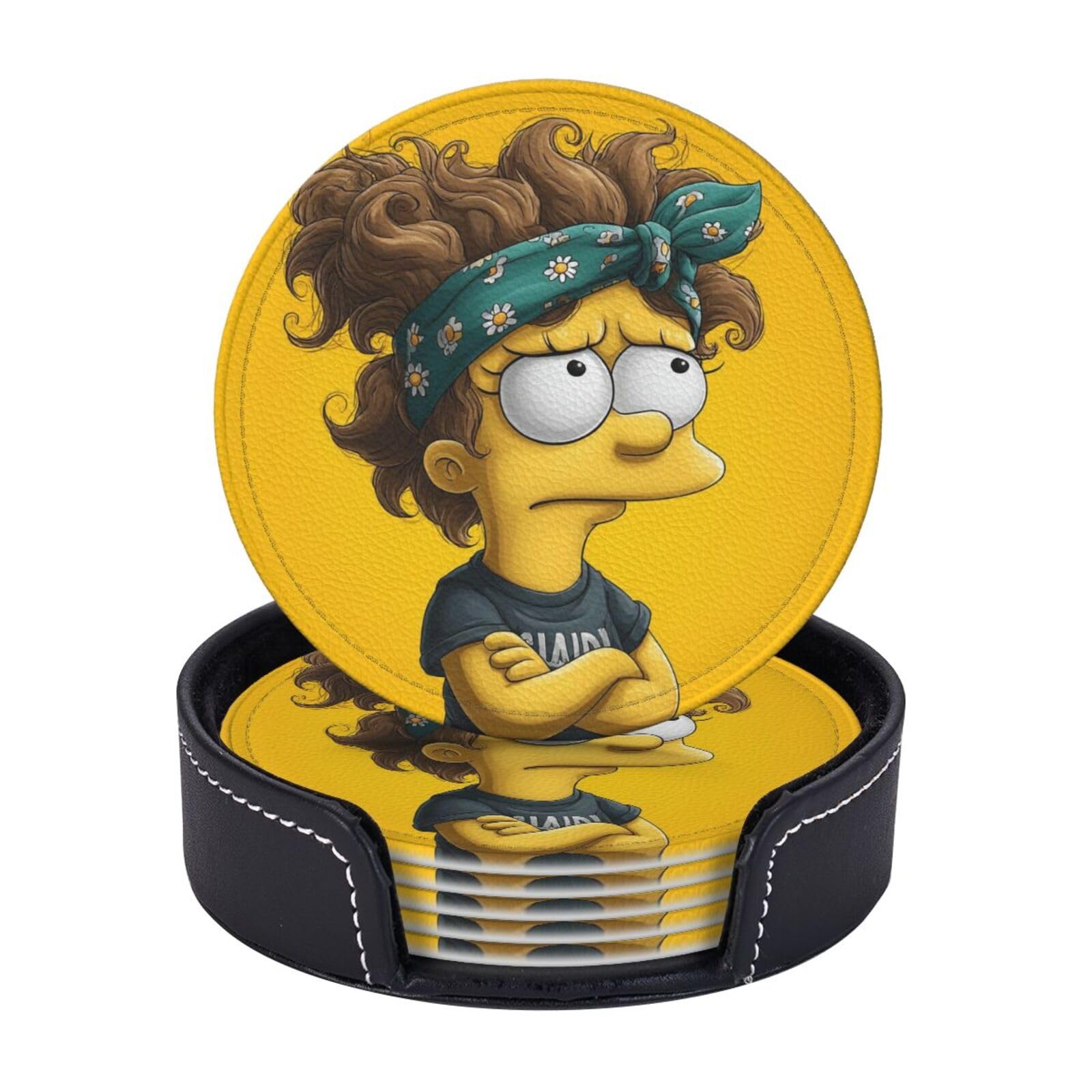 Coasters Set of 6 Leather Drink Coasters with Holder Simpsons Coasters for Drinks Heat Resistant Coaster Round Coffee Cup Mat Pad for Kitchen Office Home Decor