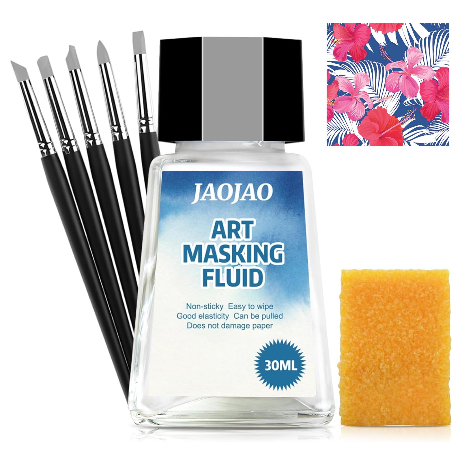 JAOJAO Watercolor Masking Fluid, Liquid Masking for Painting Watercolor Accessories with Silicone Pen Cleaning Brush Retouching and Covering for