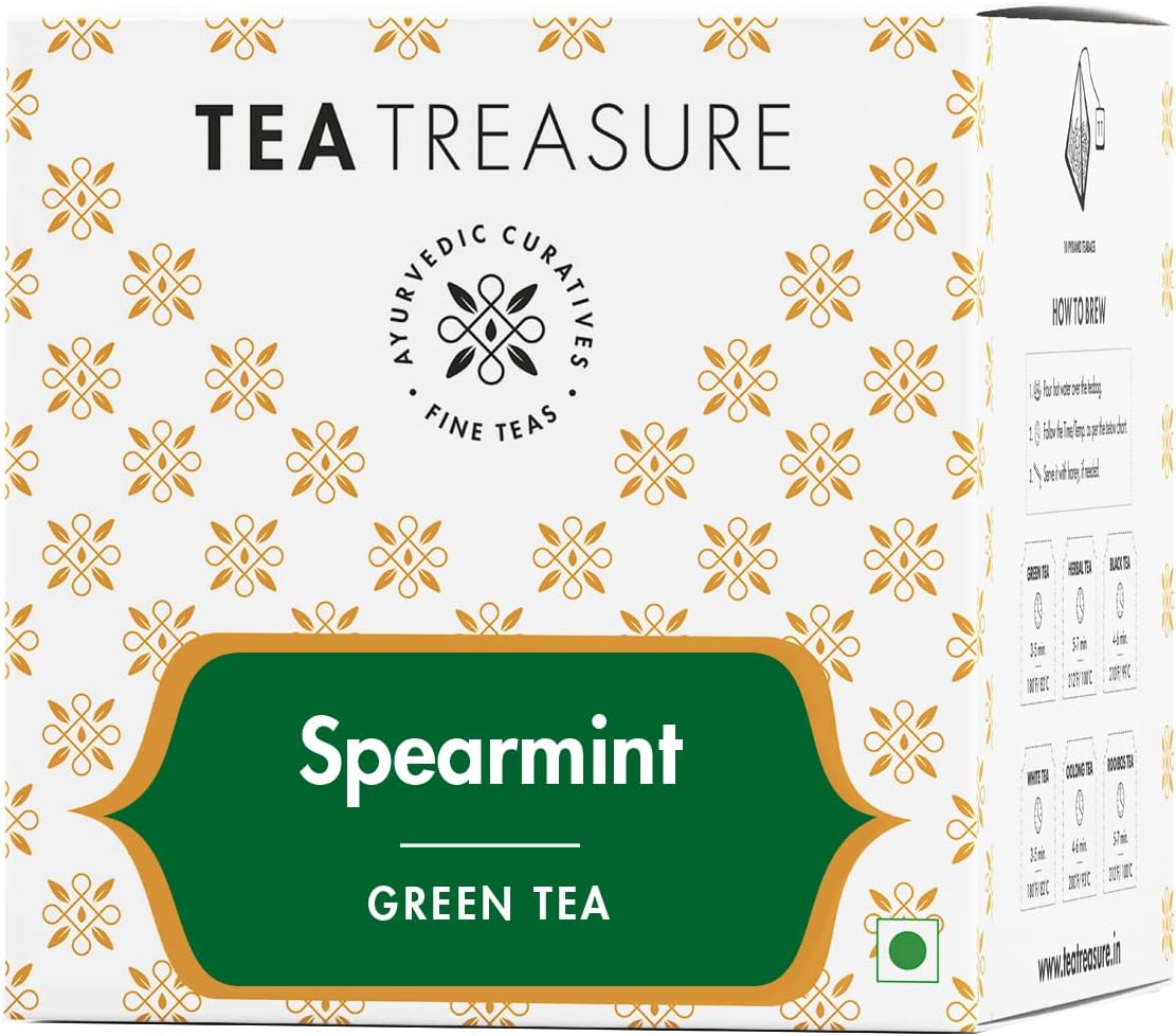 Tea Treasure Spearmint Green Tea for Women's PCOS, PCOD, and Hormonal Balance | Supports Digestion, Clear Skin & Weight Management | Caffeine-Light Detox Green Tea | Stress Relief, 10 Pyramid Tea Bags