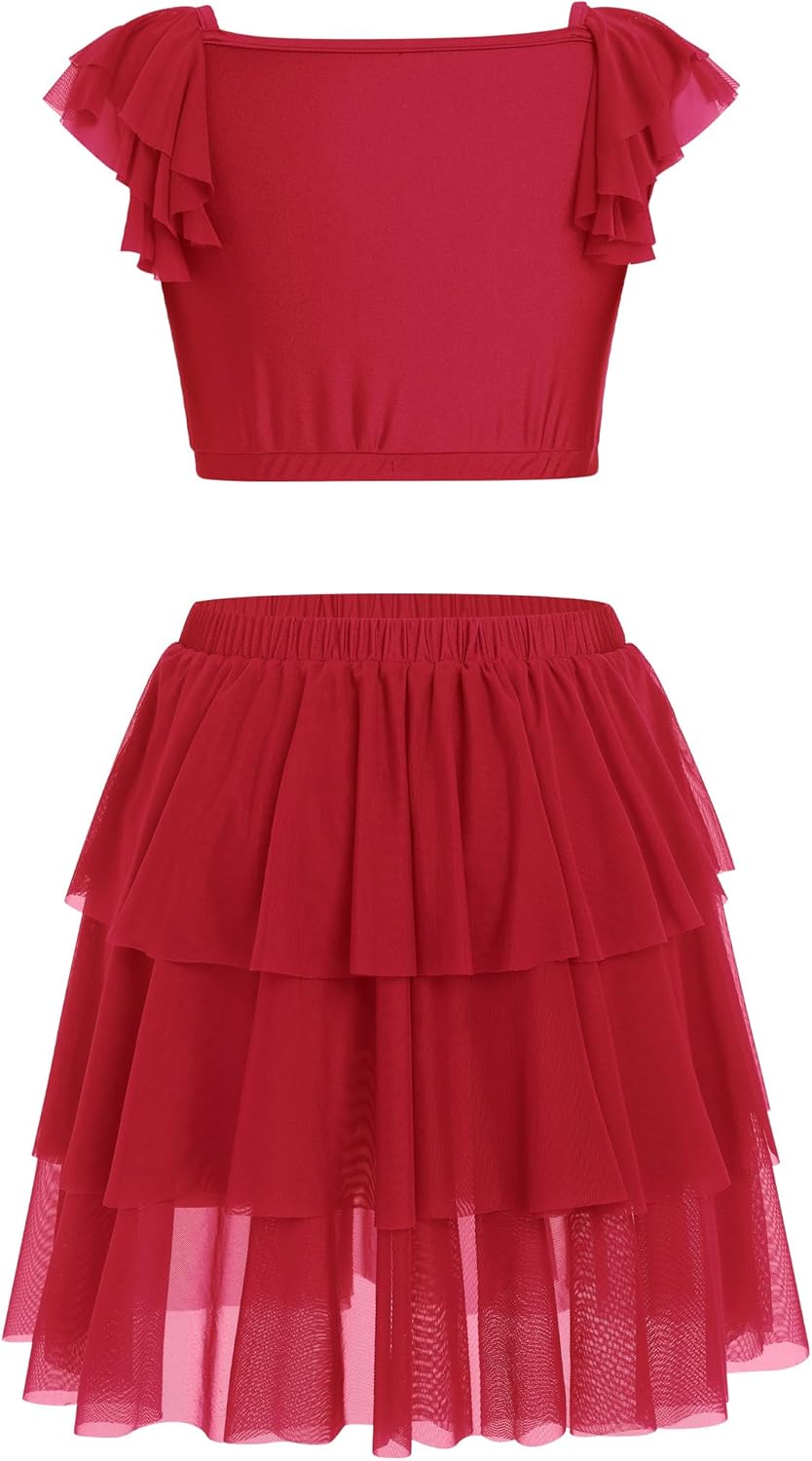 ODASDO Women Lyrical Dance Costumes Sequin Tank Crop Top + Mesh Tulle Leotard Skirt Two Piece Outfit XS-XL - Image 5