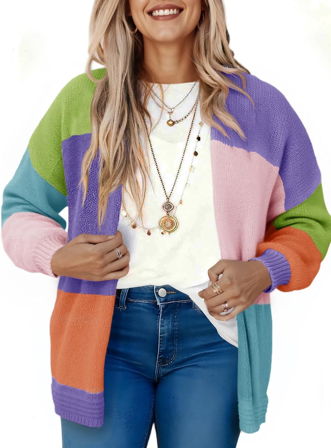 Saodimallsu Womens Boho Cardigans Colorful Long Sleeve Cardigan Open Front Sweaters Chunky Knit Coats Loose Fit 2025