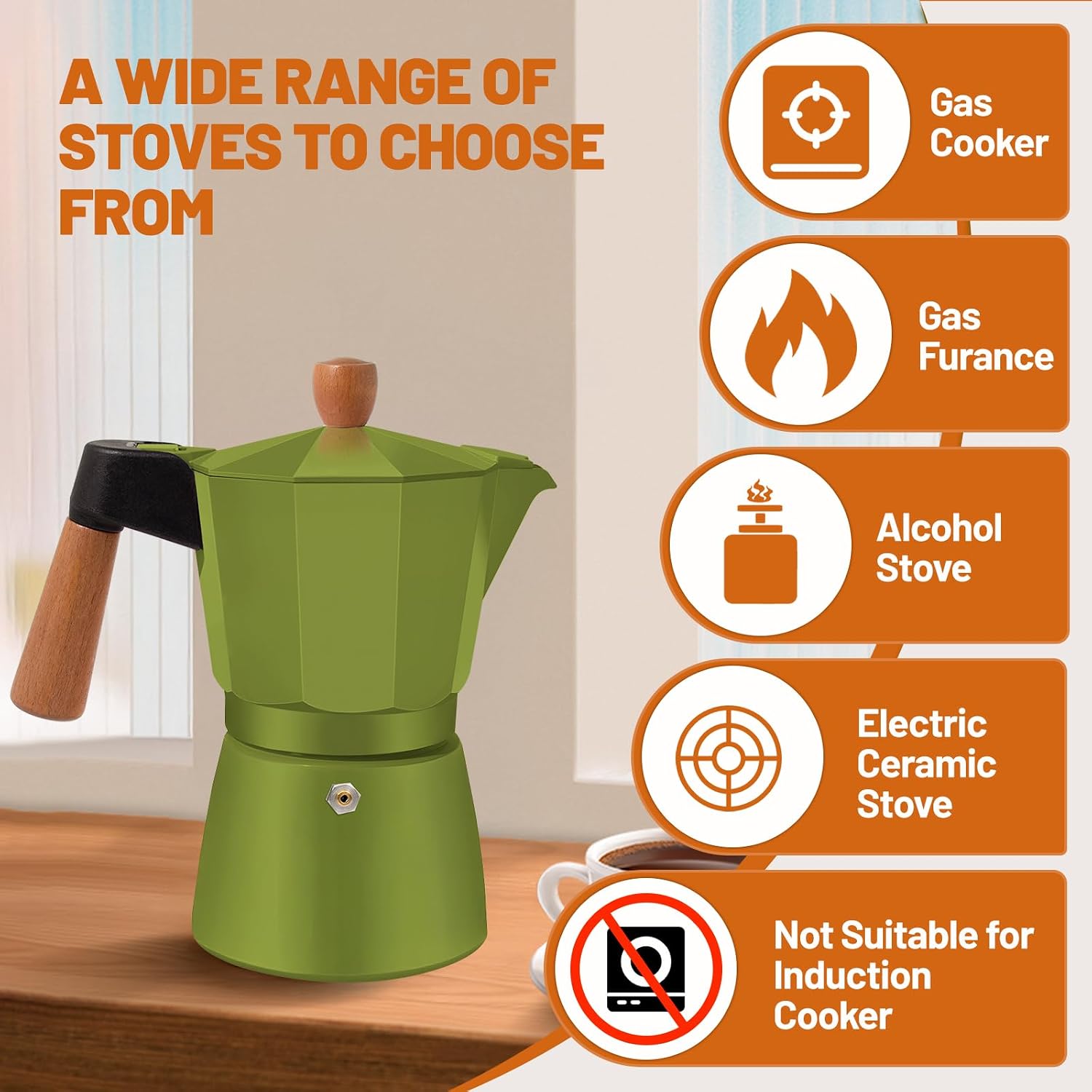3 Cup Aluminum Espresso Stovetop Moka Pot with Solid Wood Handle | Express Coffee Maker Percolator Italian Classic Machine for Italian and Cuban Cafe Brewing for Home & Camping 150ml 5oz