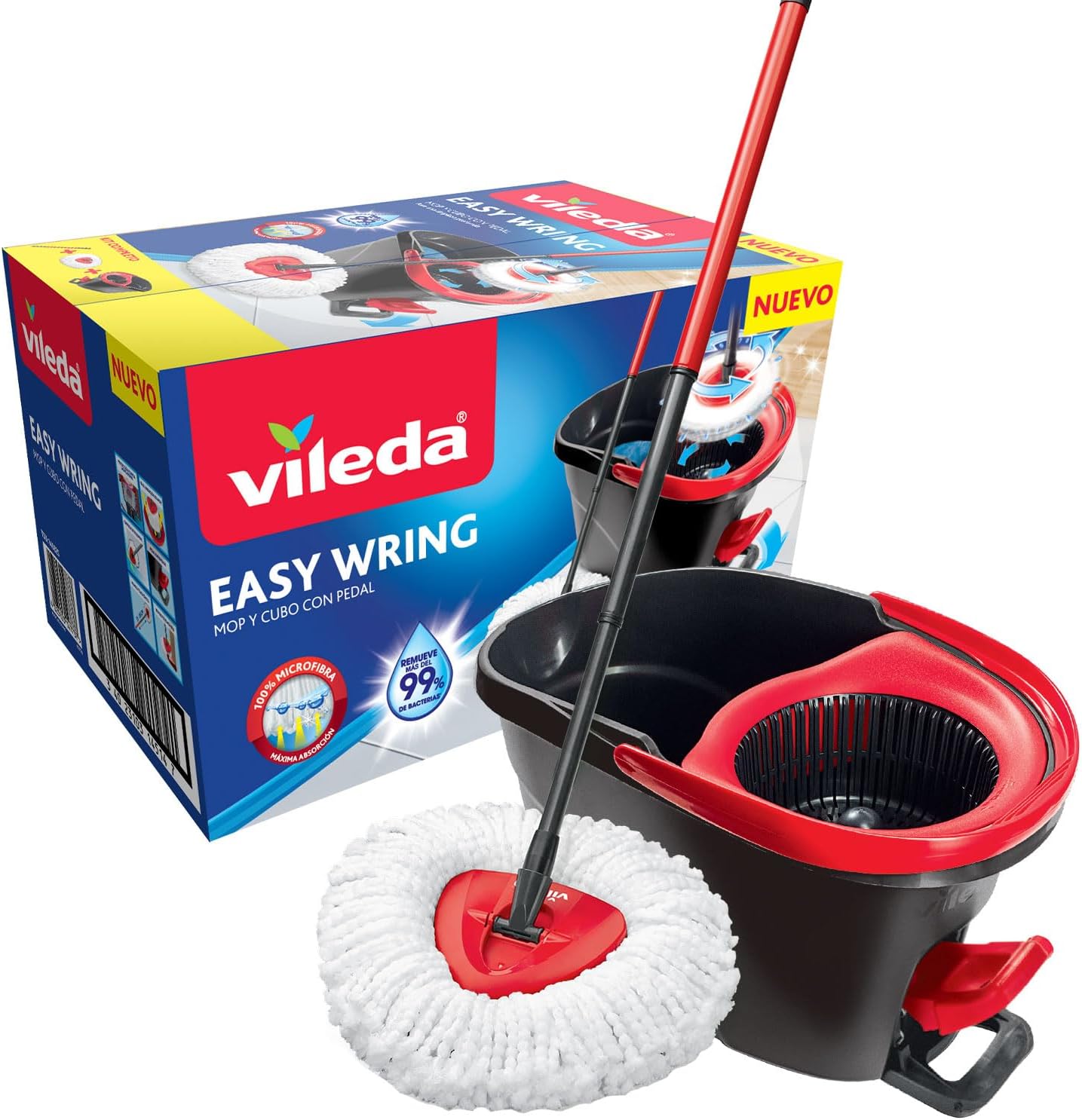Vileda Easy Wring & Clean spin mop & bucket set with foot pedal | Vileda |3-Piece Handle 130 cm |Floor mop with spinning wringer | Turbo Refill 100% Microfibre mop head |