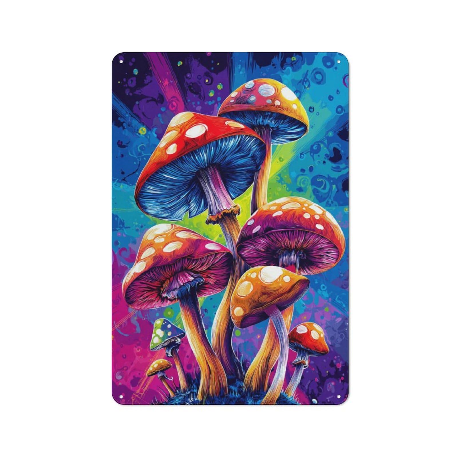 Junmoney Vibrant Mushroom Fantasy -1 Metal Wall Sign With Design 30X20cm, Loft Style Studio Wall Art For Flat, Bar, Studio Or Gallery Wall