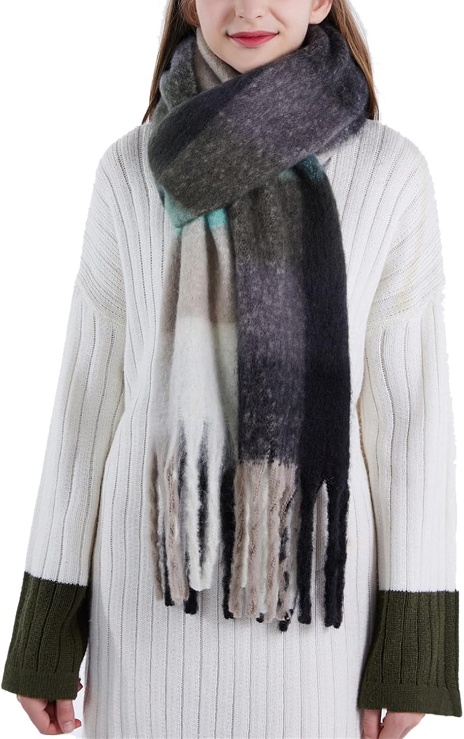 Large Chunky Plaid Scarf Coloured Checked Oversized Scarf Tassel Soft Fall Winter Thick Warm Shawl Women - Image 3