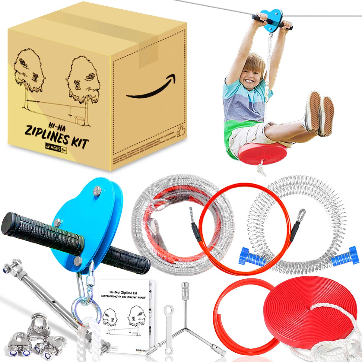 Hi-Na 70FT Zipline Kits for Backyard with Brake Zipline with Trolley Zipline for Backyard for Kids Backyard Zipline Kit with Seat Zipline Kit Zipline Kits for Backyard 70ft Zip Line Kit (70FT)