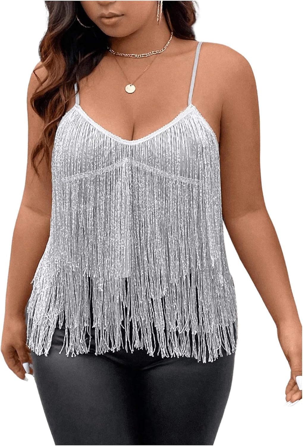 SHENHE Women's Plus Size Sequin Fringed Asymmetrical Cami Top Loose Party Club Top