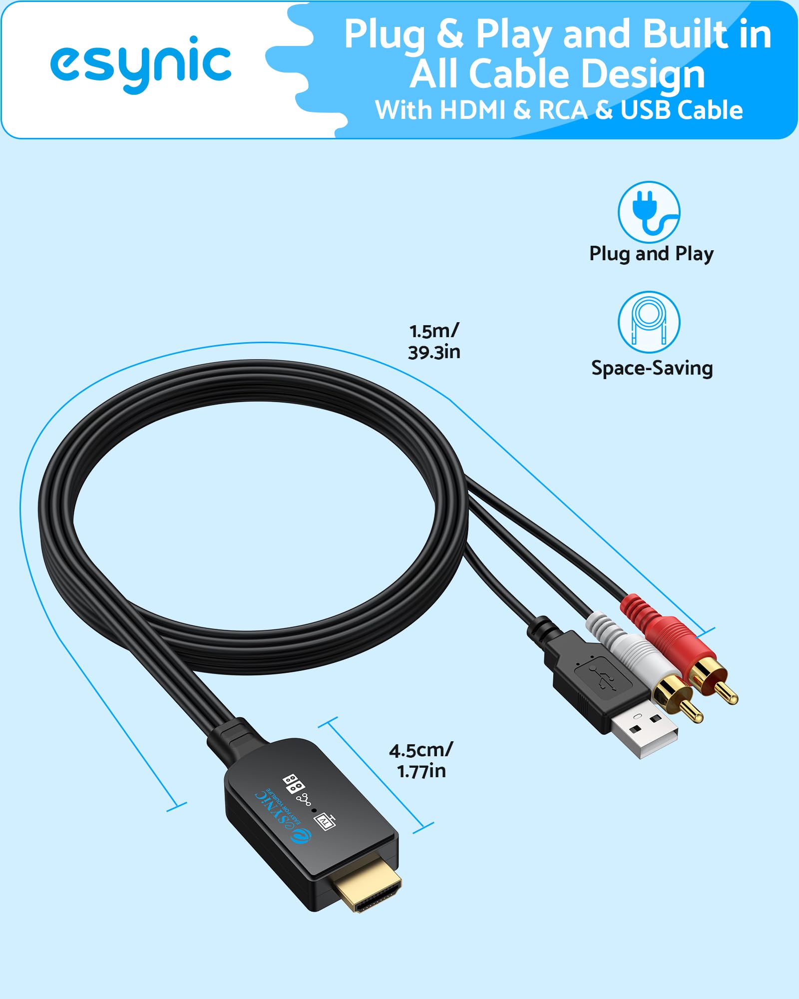 eSynic eARC/ARC na cinch kabel audio adapter HDMI do analogowego stereo L/R 192 kHz PCM CEC regulacja głośności, pilot TV do aktywnych głośników i wzmacniacza, tylko PCM Stereo