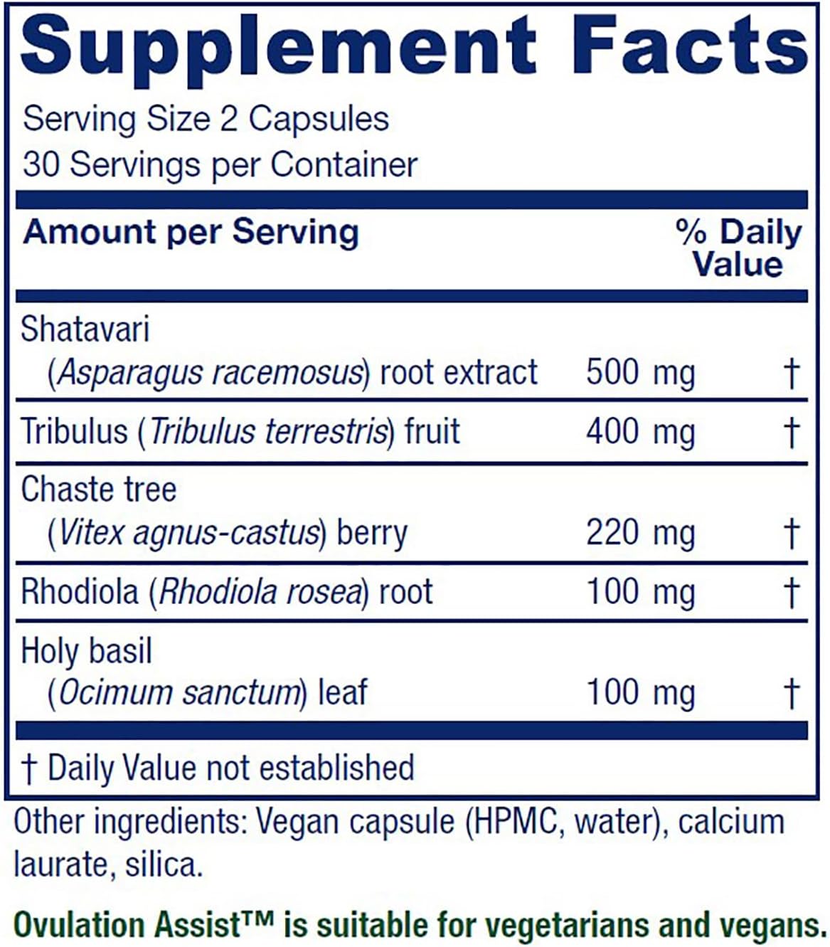 Vitanica Ovulation Assist - Women's Herbal Health Supplement with Shatavari, Tribulus, Chaste Tree Berry (Vitex), Rhodiola, and Holy Basil - Vegan - 60 Capsules - Image 2