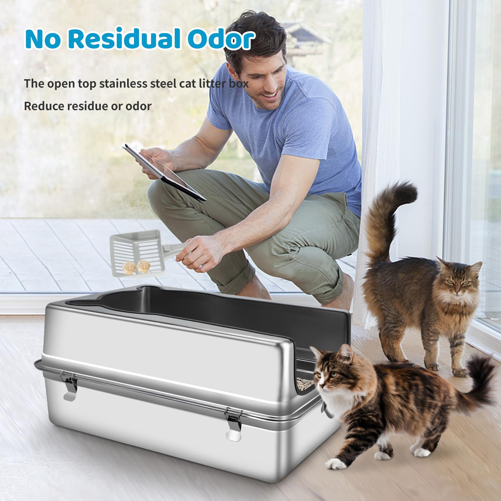Extra large lettiera per gatti in acciaio inox, XXXL 70 x 50 x 30CM lettiera gatto semi-chiusa rimovibile in metallo con copertura a lati alti, paletta, non appiccicosa, facile da pulire