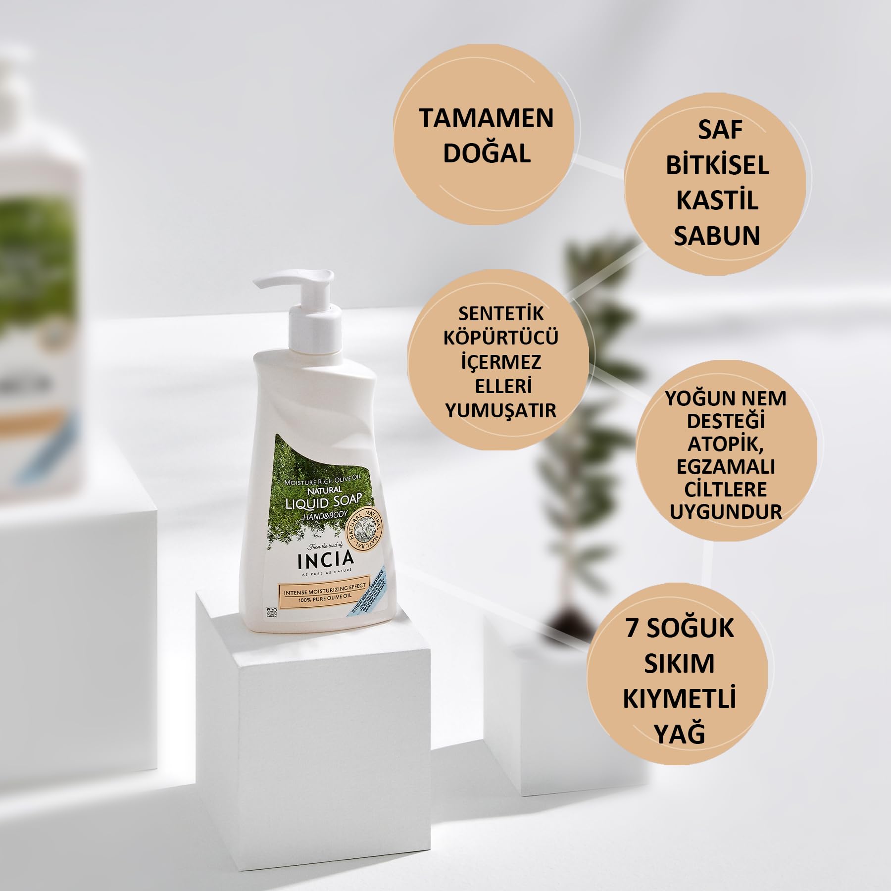 INCIA%100 Doğal Sıvı Kastil Sabunu Yoğun Nemlendirici Zeytinyağlı 10 Bitkisel Değerli Yağ Vegan 250 ml