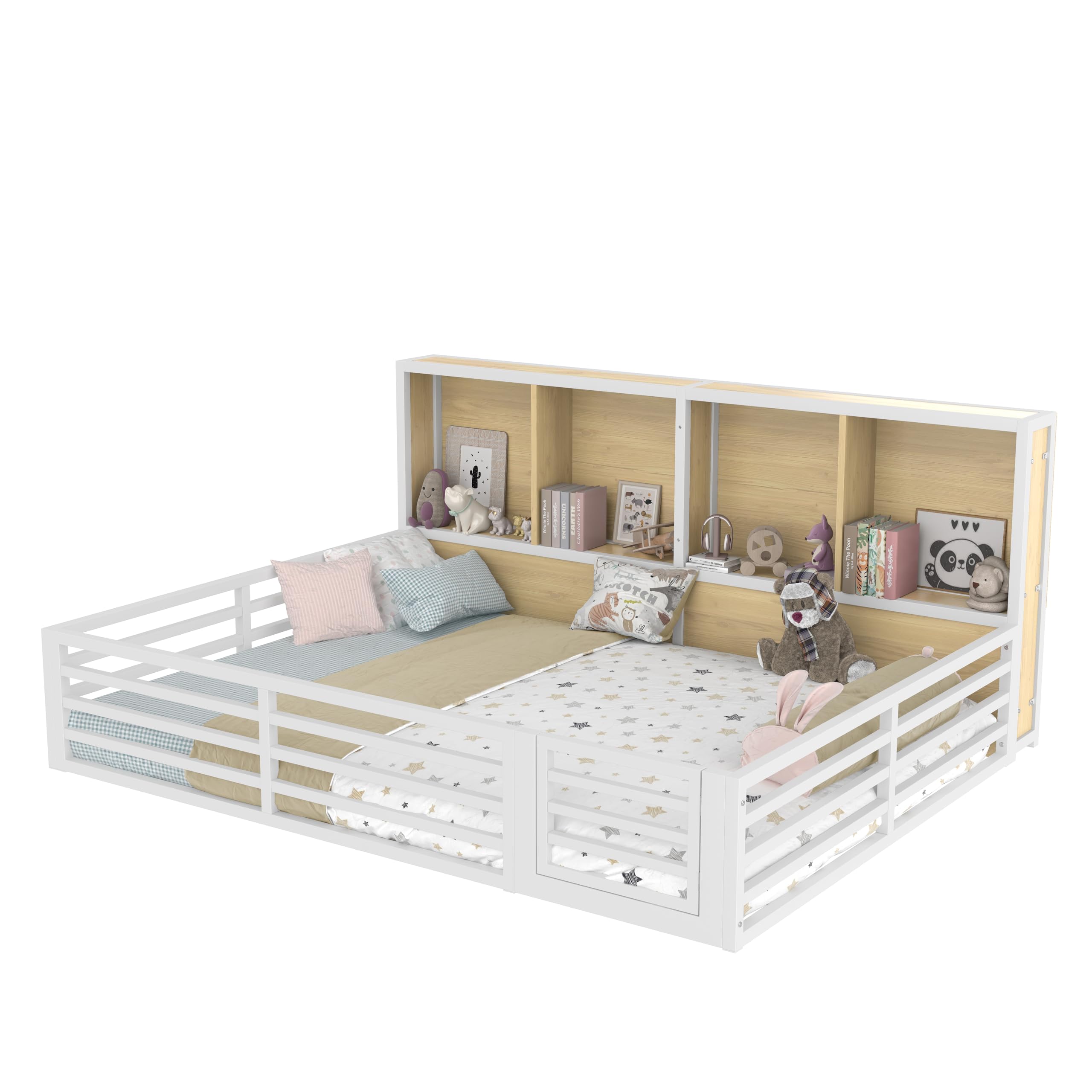 Kinderbett Bodenbett 140x200 mit Rausfallschutz & Lattenrost, Montessori Bett Hausbett mit 4 Staufächer & LED-Beleuchtung & Tür, Gitterbett Metallbett Bettgestell Spielbett (Weiß, 140x200CM)