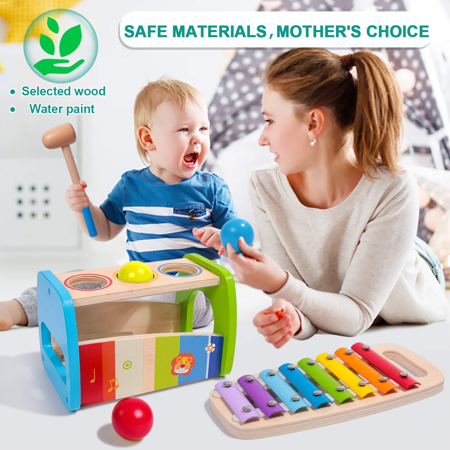 Jouet En Bois éducatif Rolimate – Xylophone 8 Notes, Marteau, Cube De Formes – Pour Enfants 1 2 3 Ans
