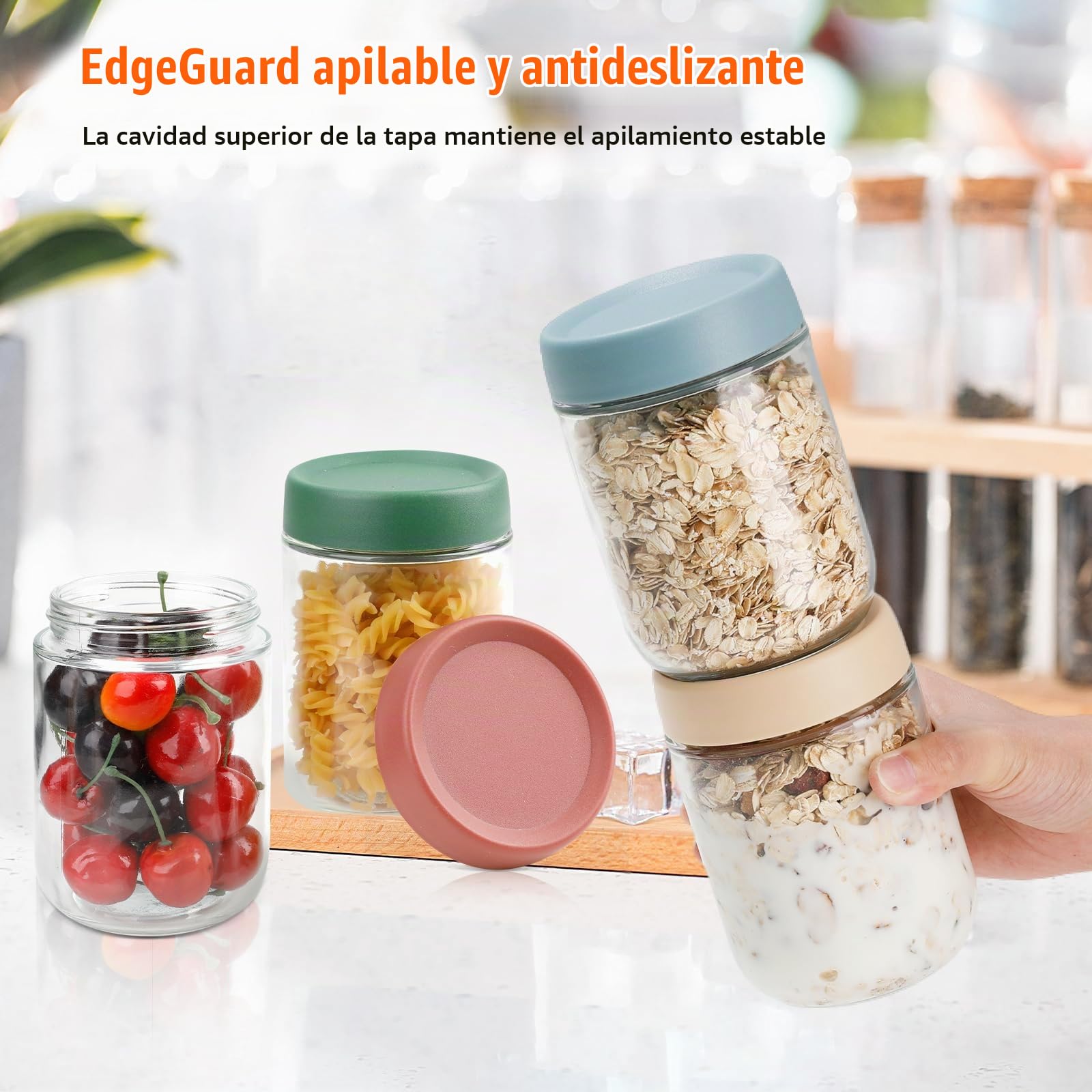 VINATO Pack de 4 Tarros de Cristal con Tapa 480ml, Tarros Cristal Herméticos, Botes con Tapa, Overnight Oats Jar, Frascos Alimentación