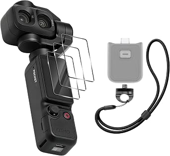 Orzero 5 in 1 Compatible for DJI Osmo Pocket 4P/Pocket 4/Pocket3, 3 Pack Tempered Glass Screen Protectors with 1/4" Screw and Anti-Lost Wrist Lanyard, 9H High Definition Clear Anti-Scratch Bubble-Free