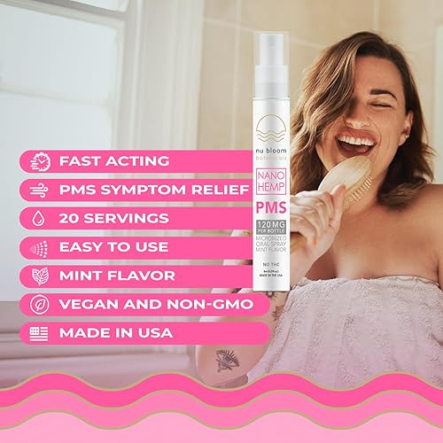 Miniatura 3 de Nu Bloom PMS Spray oral  Alivio de acción rápida para hinchazón, calambres y fatiga con nano cáñamo, vitamina B6, magnesio, 0.3 fl oz (20