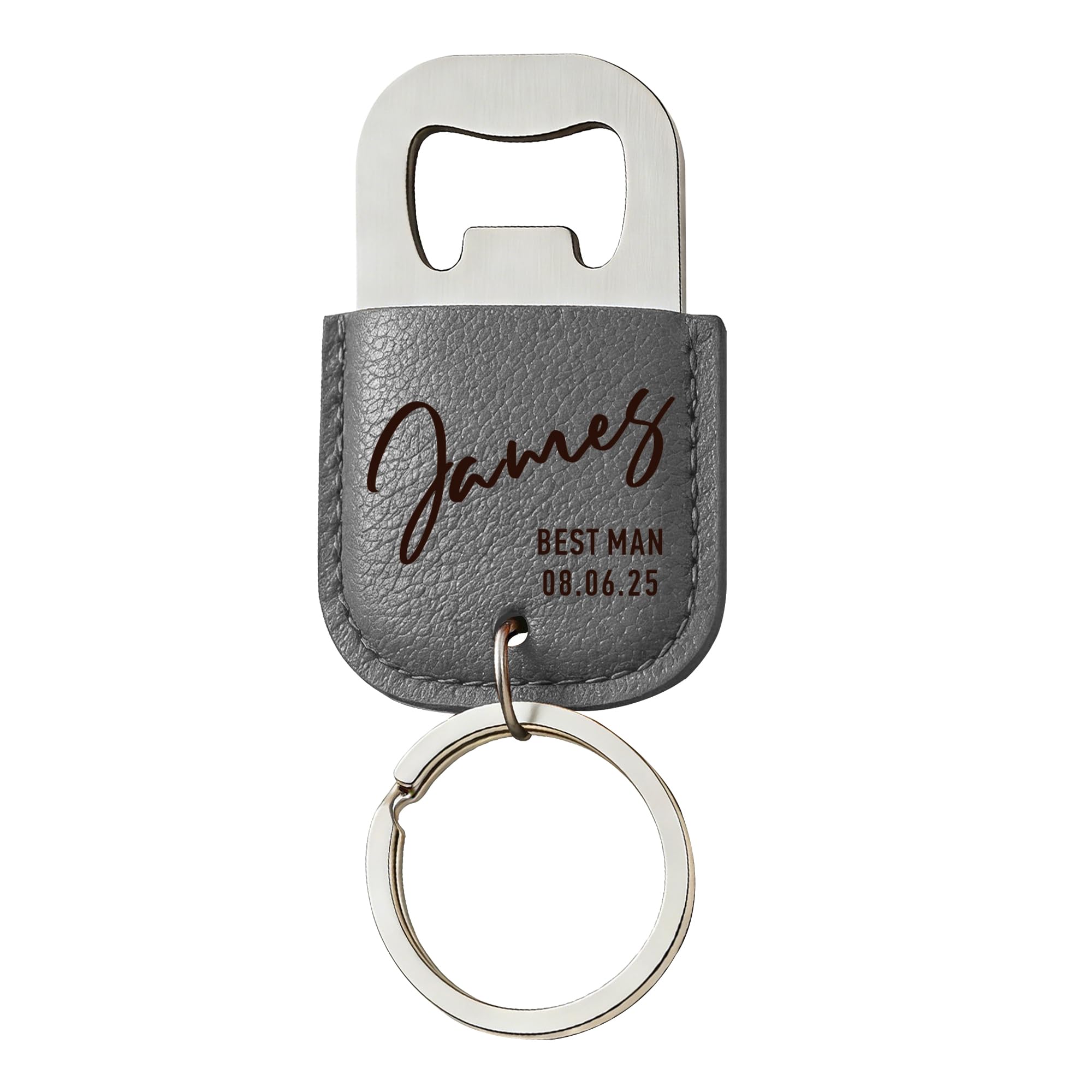 EDSG Personalised Bottle Opener Keyring, Stainless Steel & Leather Bottle Opener, Birthday Christmas Valentines Gifts for Him Husband Boyfriend, Wedding Best Man Groomsmen Gift (Grey, Design 2)
