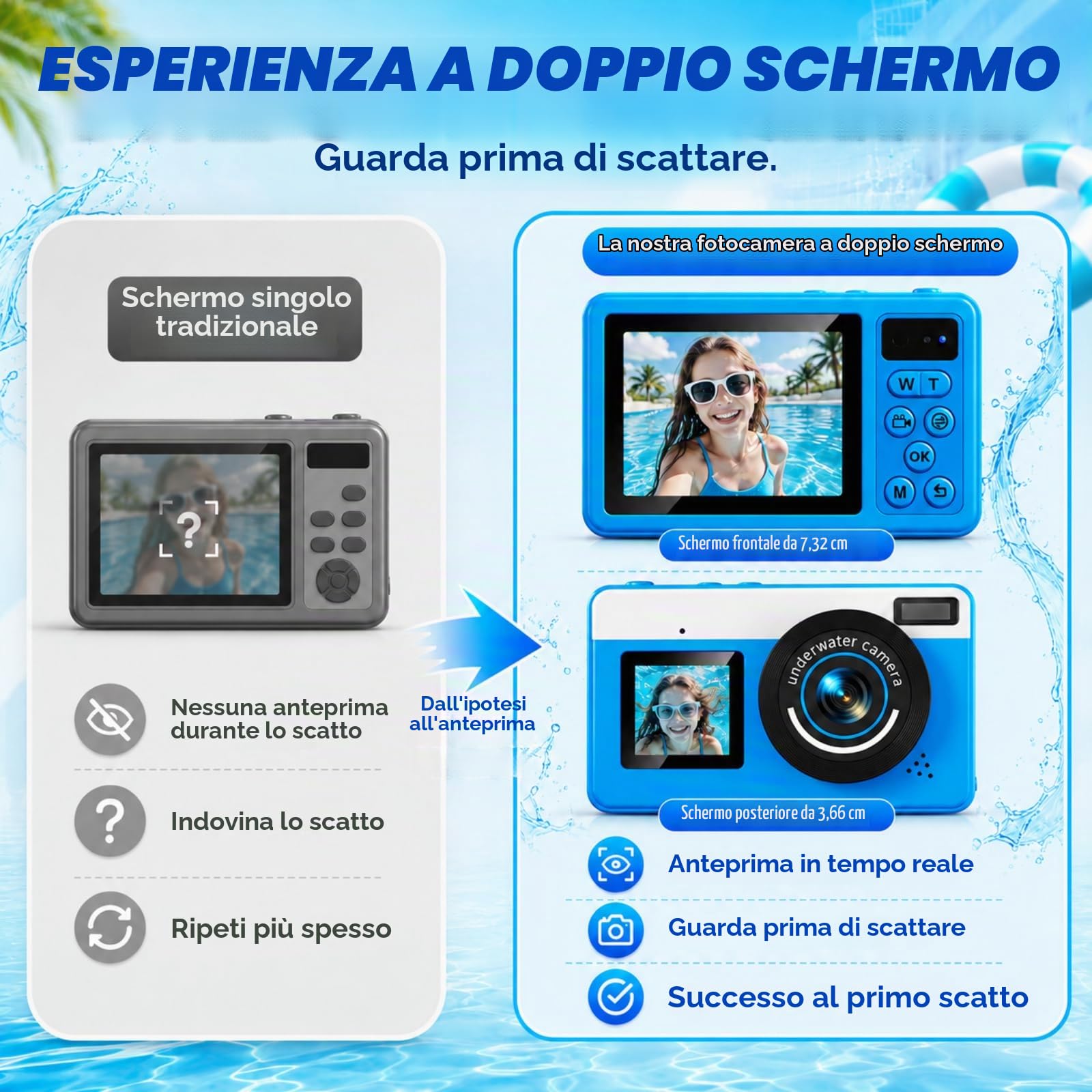 Maxmango D70 4K Macchina Fotocamera Subacquea - 48MP 10FT Fotocamera Digitale Impermeabile per Snorkeling - Doppio Schermo Compatta Galleggiante con 16GB - Batteria 1200mAh per Bambini e Ragazzi (Blu)
