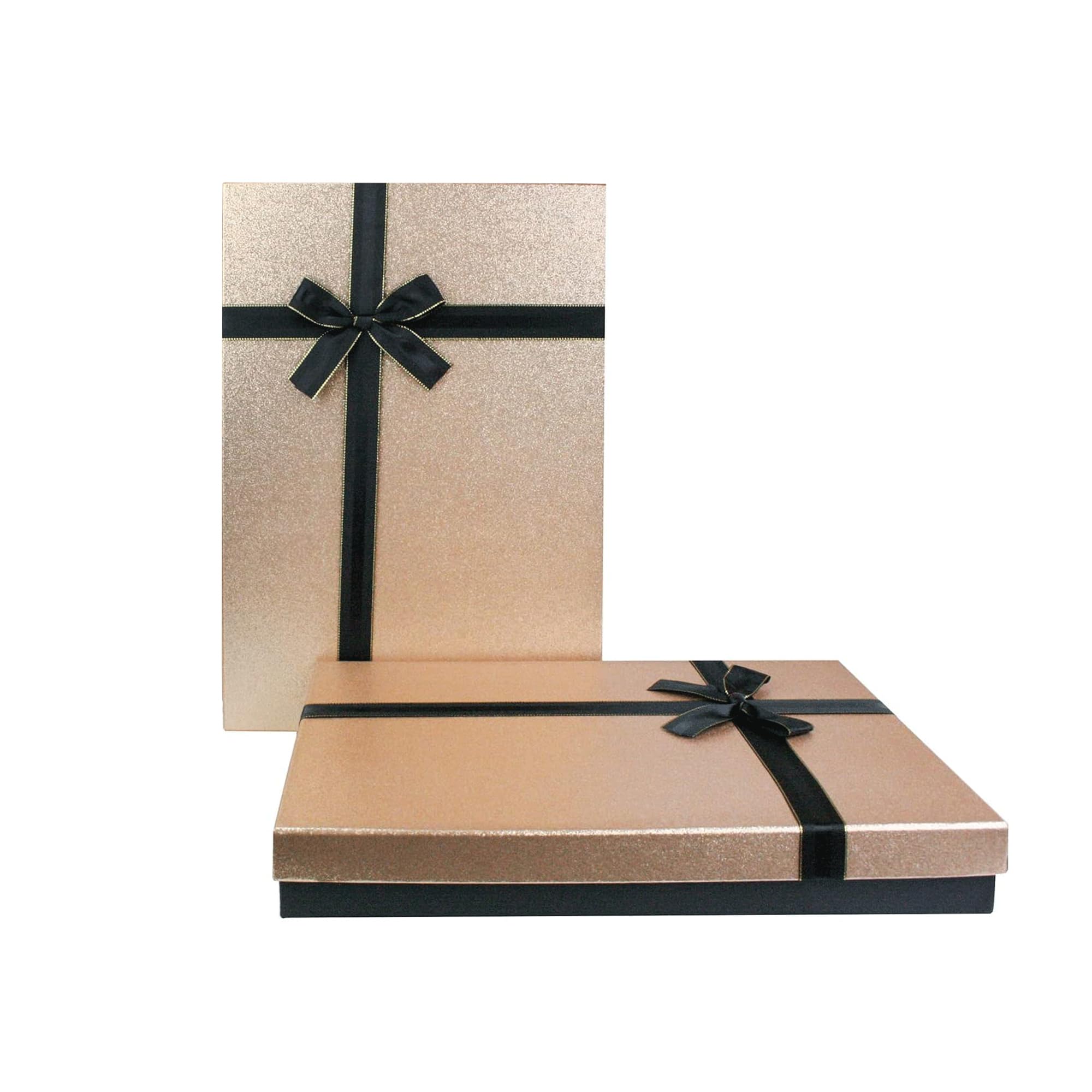 Emartbuy Lot de 2 boîtes cadeaux rigides de luxe - Base noire avec couvercle à paillettes dorées - Paniers rectangulaires pour cadeaux, mariages et cadeaux d'entreprise - Taille L : 42 x 30 x 8,5 cm