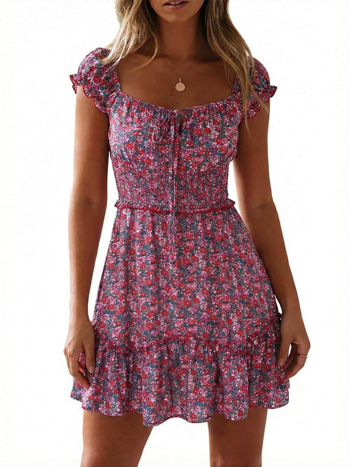 Womens Summer Floral Sundress Ruffle Sleeve Sweetheart Short Mini Dresses | Sun Dress, Sexy, Flowy, Print, Smocked Waist, Western Boho, Beach, Date Night, Country Concert