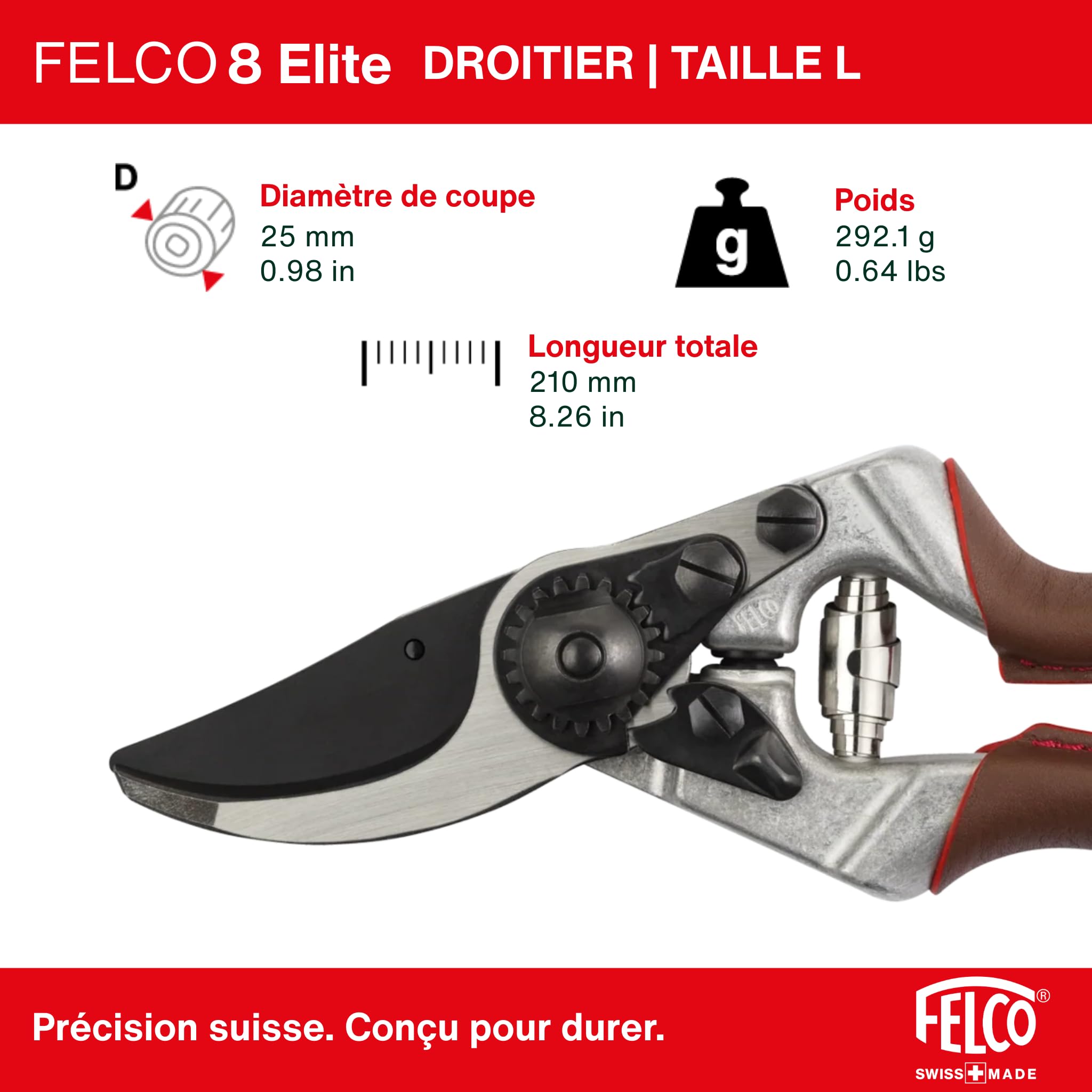 FELCO 8 Elite – Sécateur professionnel droitier pour grandes mains, coupe 25 mm, revêtement F-Tech anti-friction, poignées cuir cousues main, outil ergonomique de taille