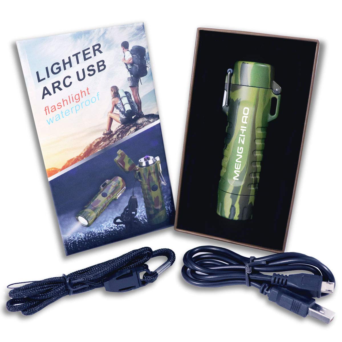 MENG ZHI AO Outdoor Waterproof Lighter Double Arc Plasma Lighter with LED Bright Flashlight USB Rechargeable Lighter Windproof Flameless Lighter Prefect for Camping Hiking Fire Starter (Camouflage)