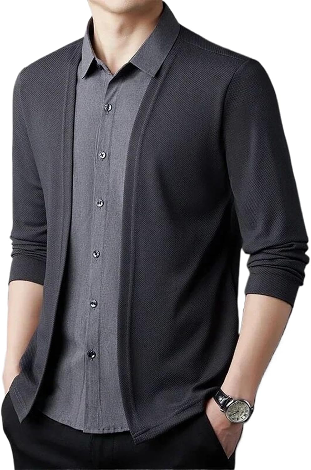 Men's Casual Long Sleeved Shirt Fake Two Piece Cardigan Korean Solid Color Tops