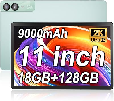 Android 14 Tablet 11 Inch, 18GB RAM 128GB ROM 1TB Expand, Octa-Core 2.0GHz CPU,5G WiFi, 2K Display, 13MP+5MP+5MP Camera, 9000mAh Battery, Electronic Tablets with Keyboard Case StylusGreen