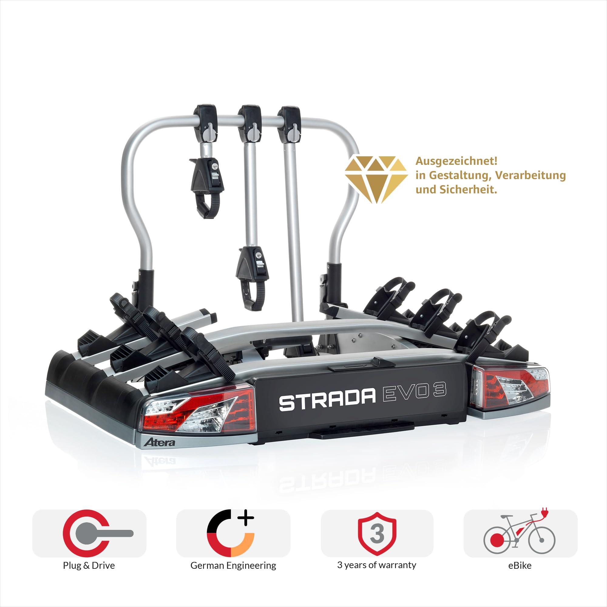 Atera 022701 Portabicicletas para coche Strada Evo 3, portabicicletas para coche con luces traseras, para 3 bicicletas o bicicletas eléctricas, plateado