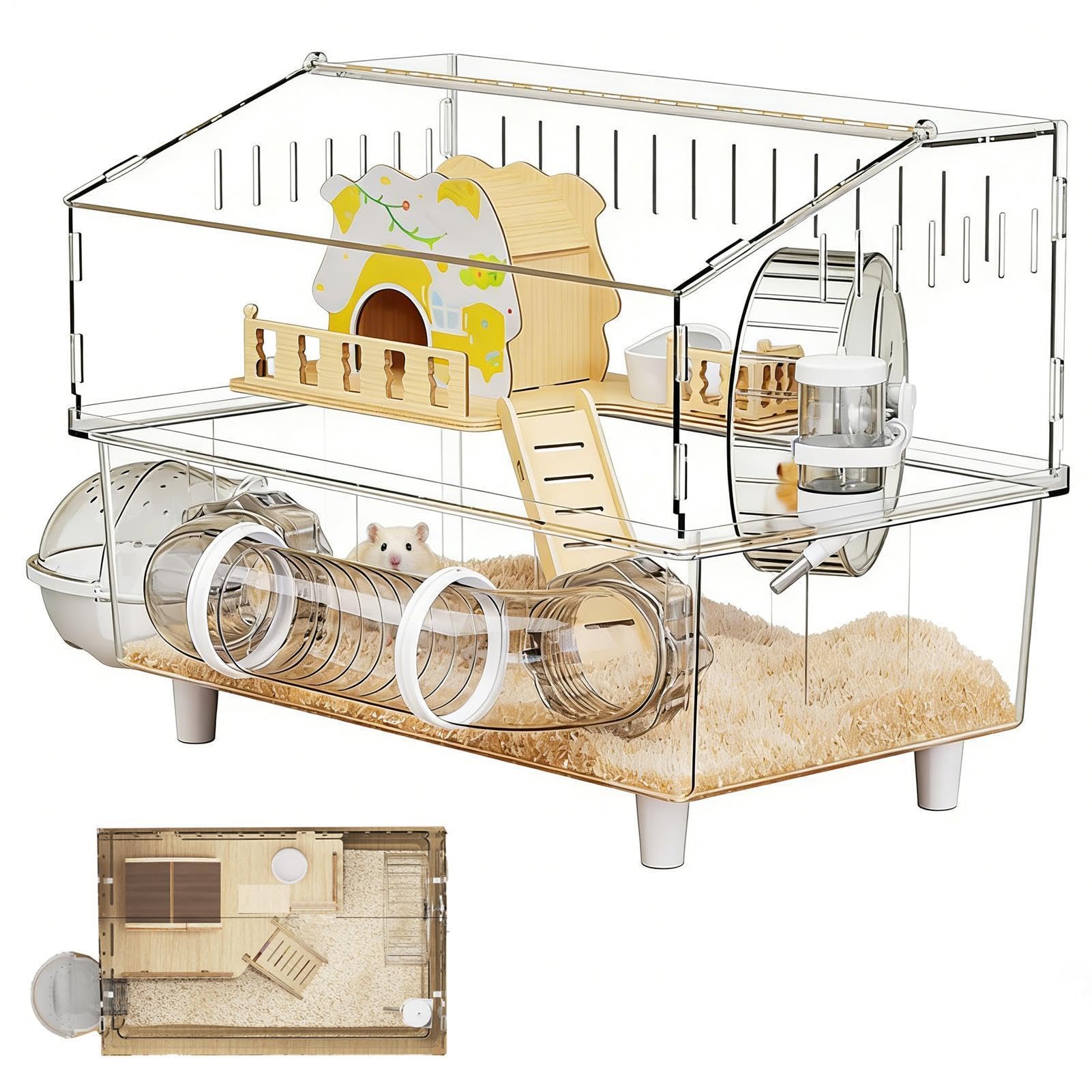 Gran Jaula para Hámster Casa Transparente de 2 Niveles para Chinchilla | Jaula para Hámster Observación de Mascotas en Casa, Interior y Exterior