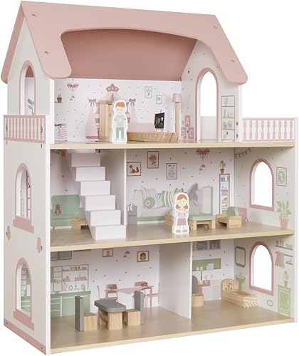 Miniatura 8 de Casa de muñecas de madera rosa para niñas con balcón, juguete de casa de juegos de muñecas para niños, juguetes con 12 accesorios de muebles,
