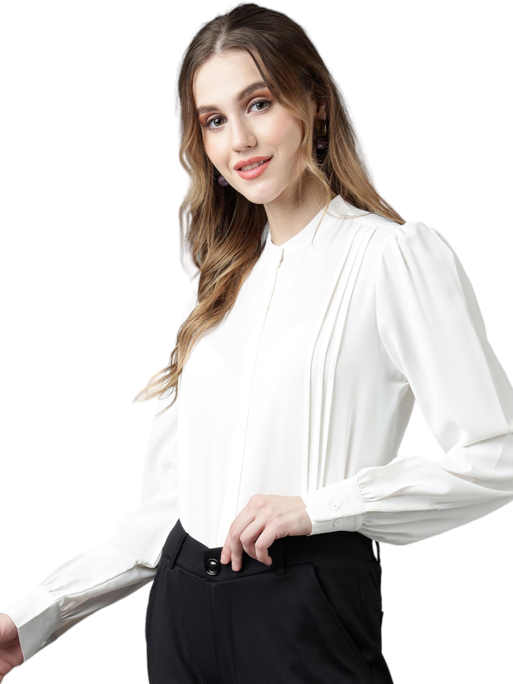 Effortlessly Stylish Women's Band Collar Pleated Formal Shirts