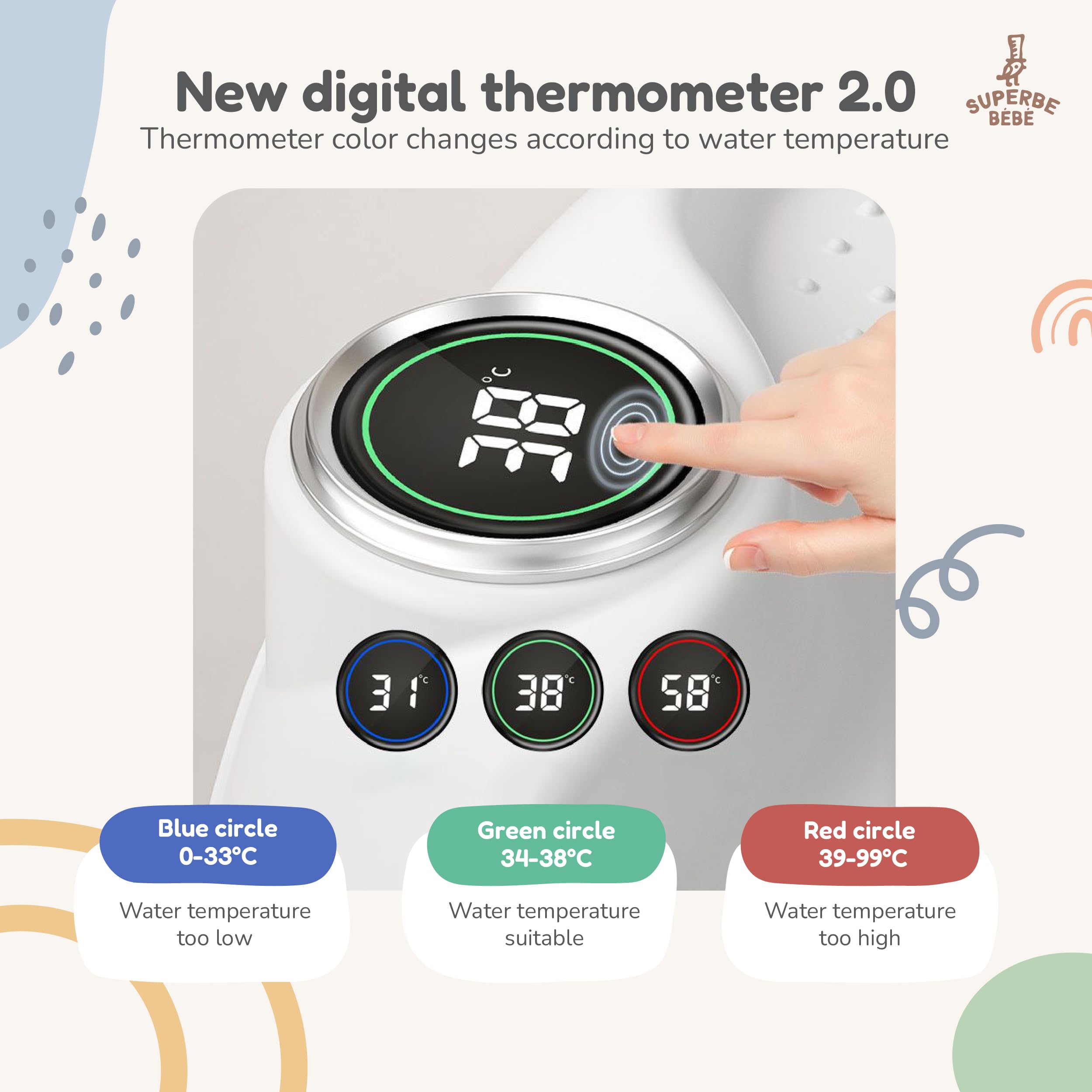 Bagnetto per bambini pieghevole con cuscino da bagno/Vaschetta bagno neonato XL con termometro per il controllo della temperatura dell'acqua/Dalla nascita ai 2 anni / 5 palline di plastica
