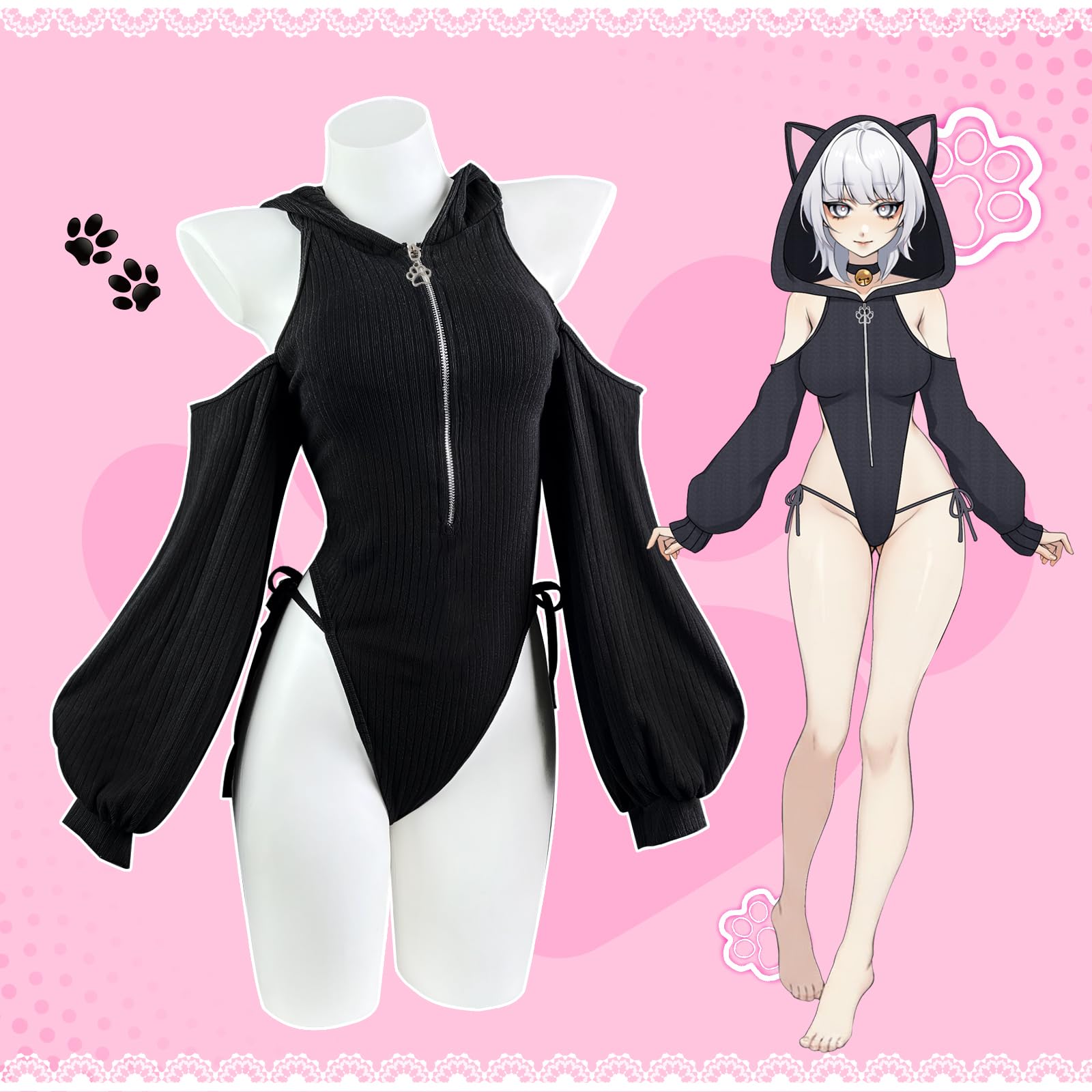 KORURACLUB Sexy Cat Maid Outfit Womens Lingerie Set Kitten Cat Claw Cosplay Sexy Sweater lingerie animal Cosplay lingerie: Black Large-X-Large