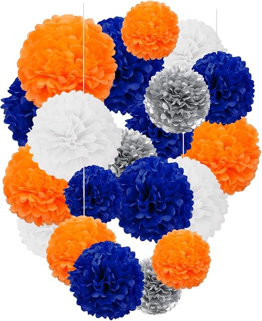 Orange and Blue Paper Pom Poms,10",12" Tissue Pom Poms for Party Hanging Decorations - 12 PCS