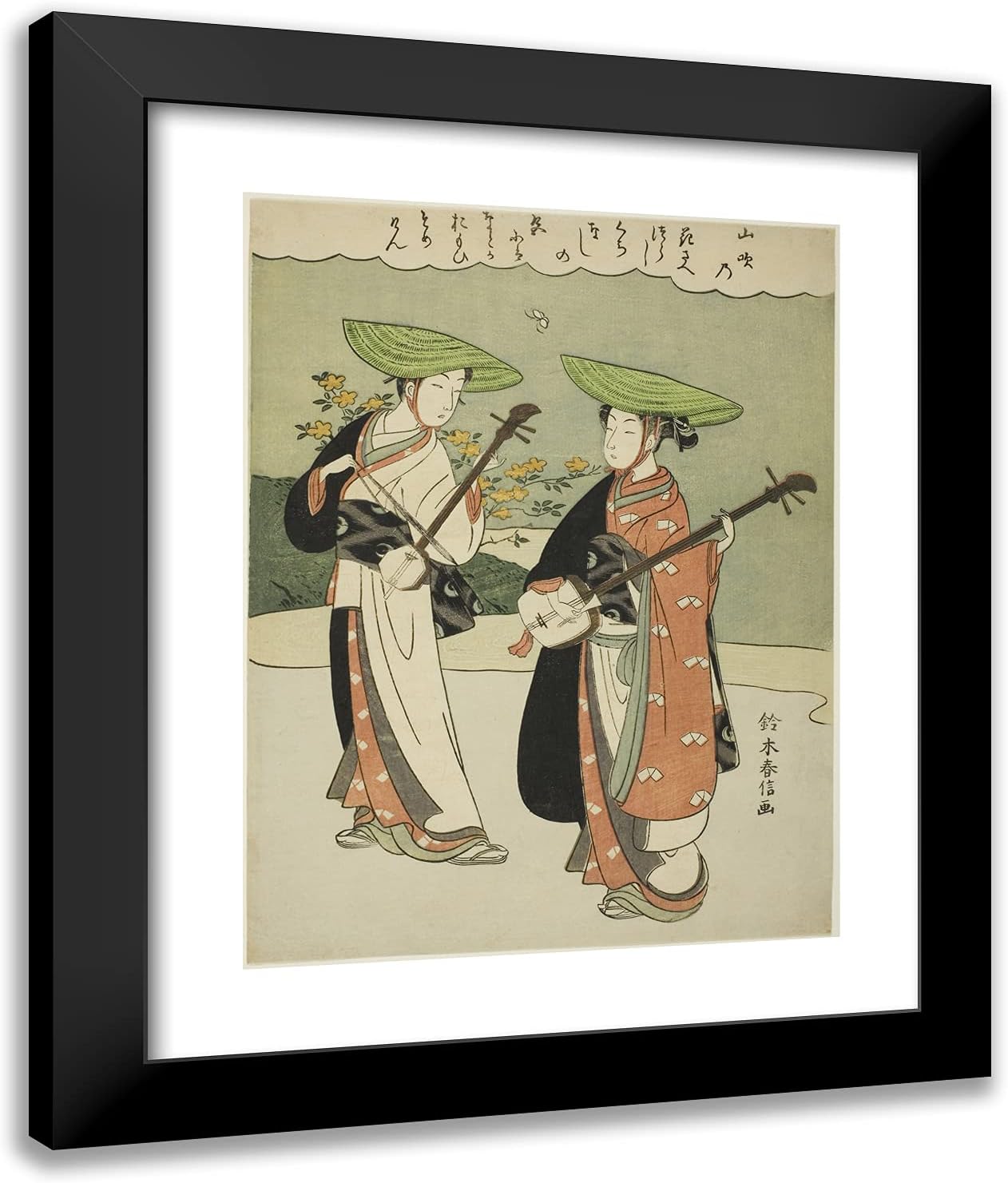 ArtDirect Suzuki Harunobu 20x24 Black Modern Framed Art Print Titled Two Itinerant Musicians