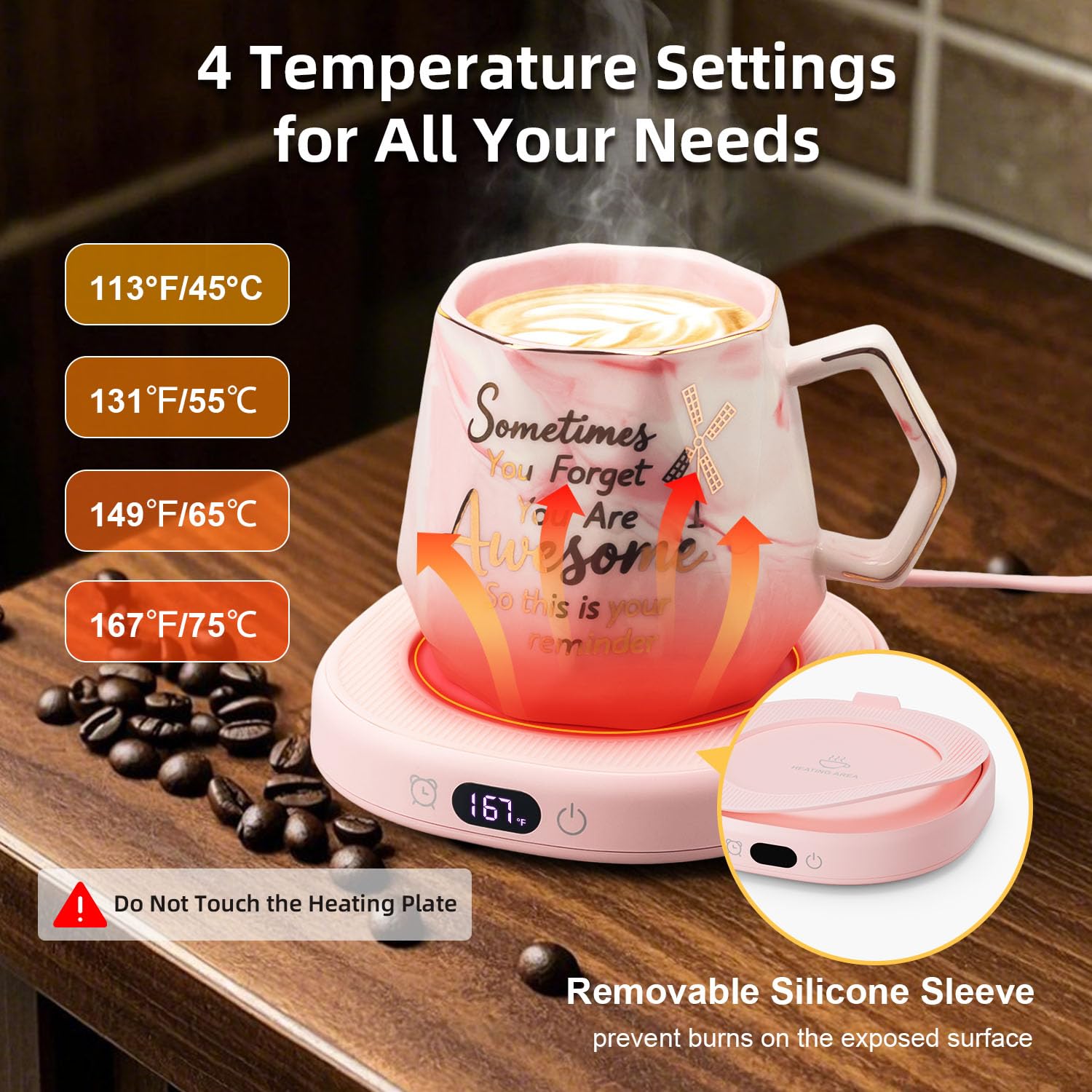 Juego de tazas de café con calentador de tazas y tazas inteligente con calefacción para computadora, oficina, 4 calentadores de té y café, 8 horas de apagado automático, regalo ideal para mujeres
