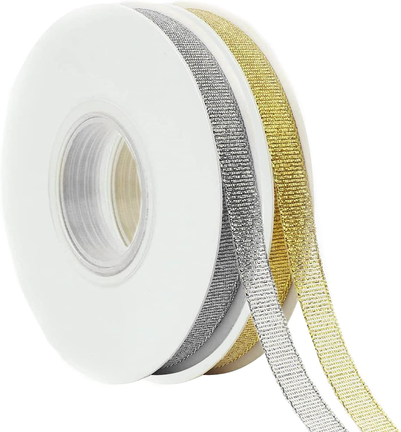 Glitter Metallic Gold and Silver Ribbon 1/4" 25 Yards 2 Rolls, Sparkly Fabric Ribbon Perfect for Crafts, Sewing, Gift Package Wrapping and Christmas