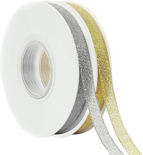 Cinta metálica dorada y plateada con purpurina de 14 de pulgada, 25 yardas, 2 rollos, cinta de tela brillante perfecta para manualidades, costura,