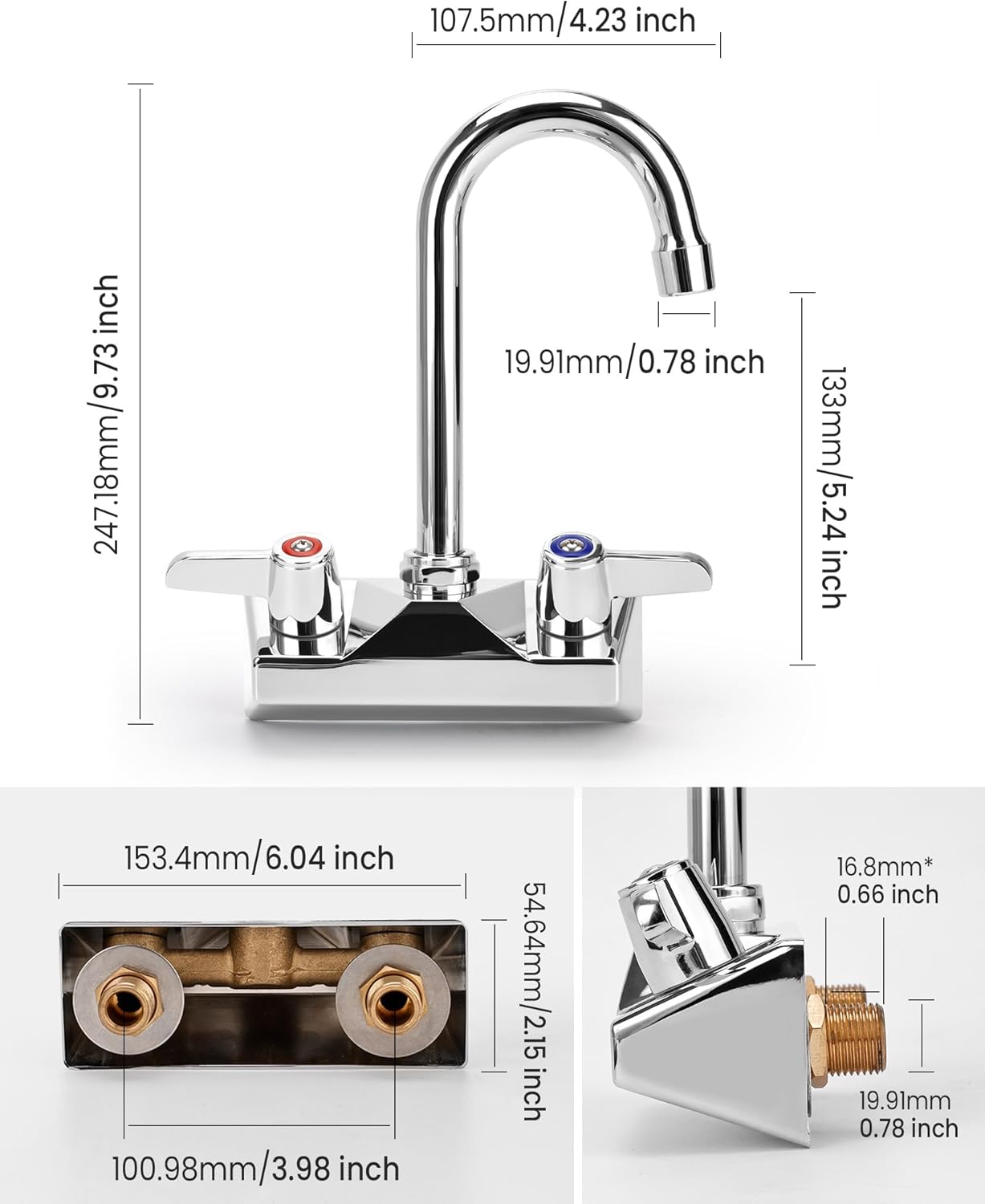 4 Inch Center Kitchen Sink,Commercial Sink Faucet,Brass Kitchen Faucet,Wall Mount Kitchen Faucets，Dual Lever Handles，with 3-1/2" Gooseneck Spout