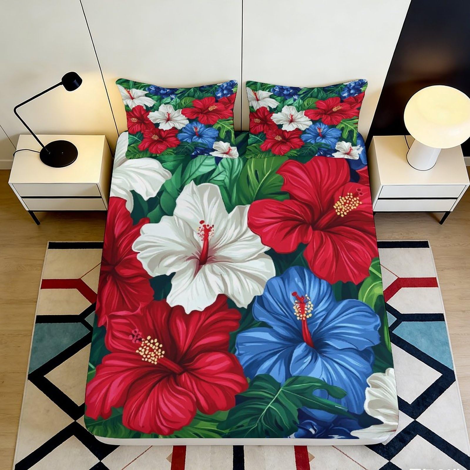 Jqzkxnhpbr Style-8 3D Printed Tropical Hibiscus Fitted Sheet Microfiber Soft Red Blue White Floral Mattress Cover For Bedroom Guest Room Decor 90X200x25cm