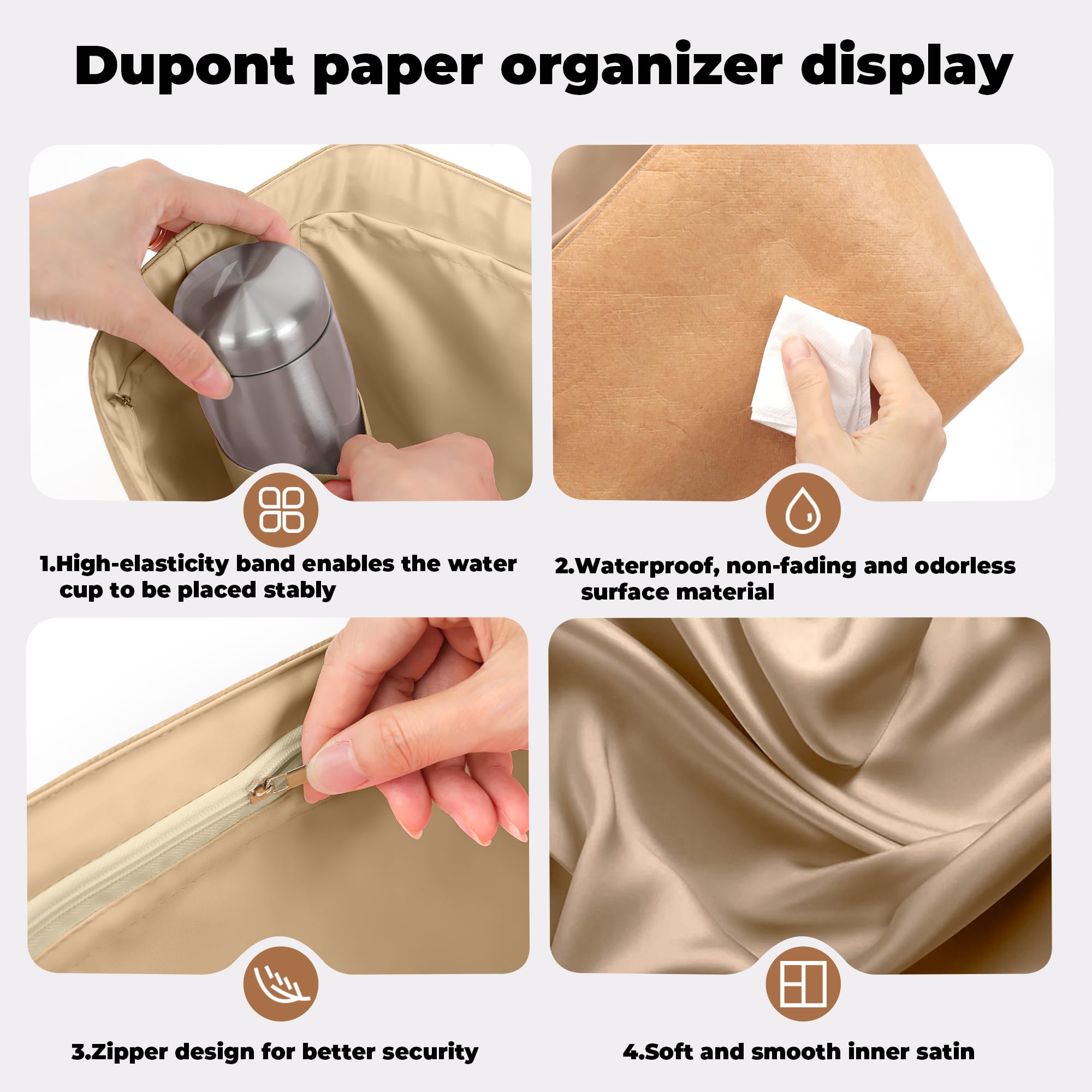DGAZ Organizador de Bolsos Interior, Inserto para Longchamp Le Pliage, Forro de Seda y Exterior de Papel Dupont, con Bolsillo con Cremallera y Tira Sujeta-Botellas, Ligero (Chai, M Asas largas)