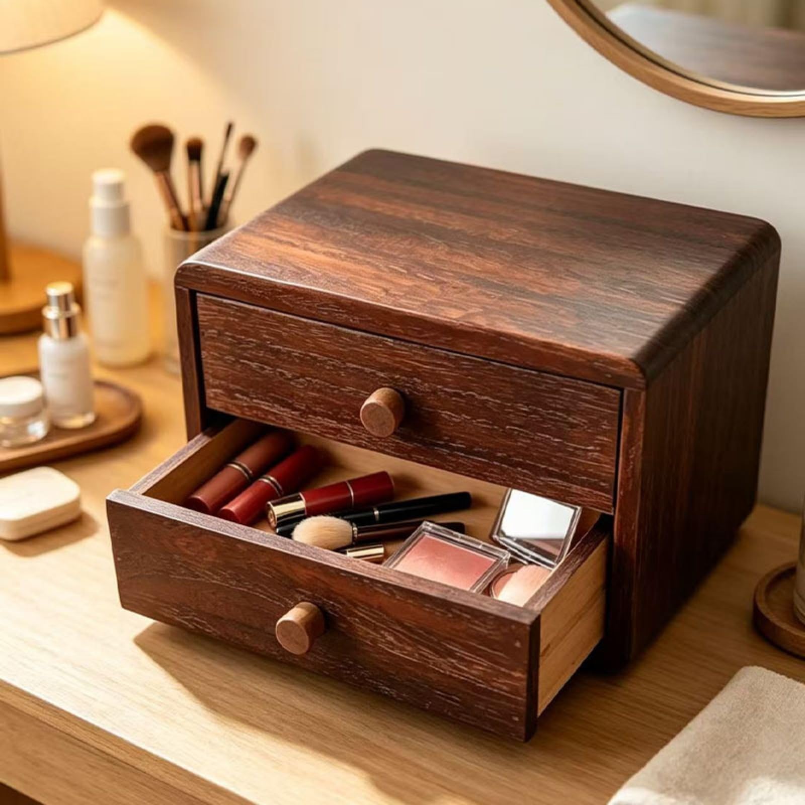 kowaku Scatola in Legno con Cassetti Multiuso | Design Compatto Salvaspazio, Organizzatore da Scrivania con Cassetti, per Toeletta, Due Strati
