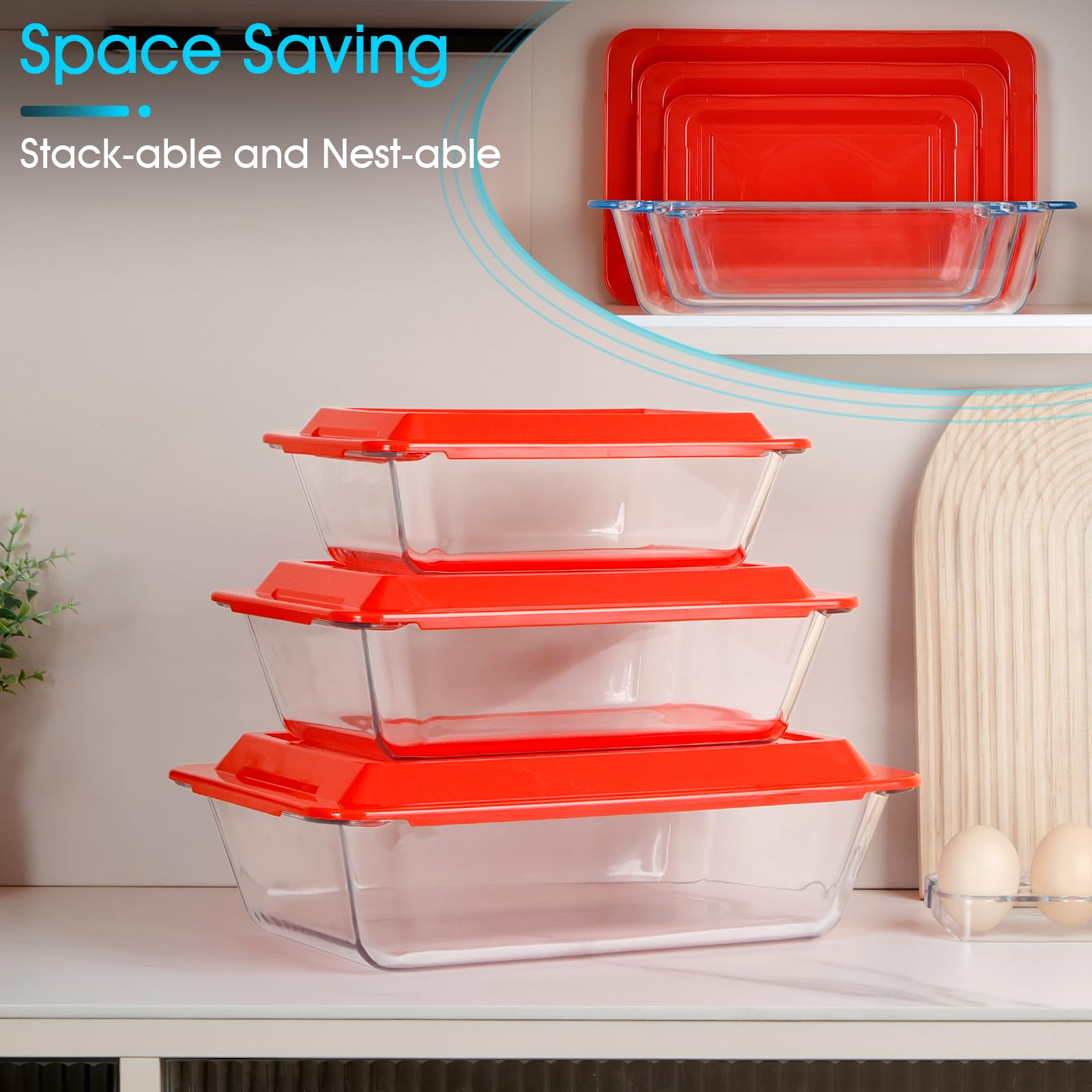 NUTRIUPS Set mit 3 tiefen Glas-Backformen mit Deckel, tiefe Lasagneform mit Deckel, Lasagneform für den Ofen, rechteckige Glas-Backformen (rechteckig mit Deckeln, 1,5 + 2,4 + 3,7 Qt)